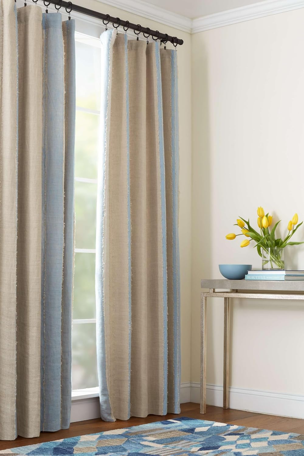 Pine Cone Hill x Kit Kemp Moon Hills Linen Lapis Curtain Panel, 84" Size, Blue Stripe Pattern