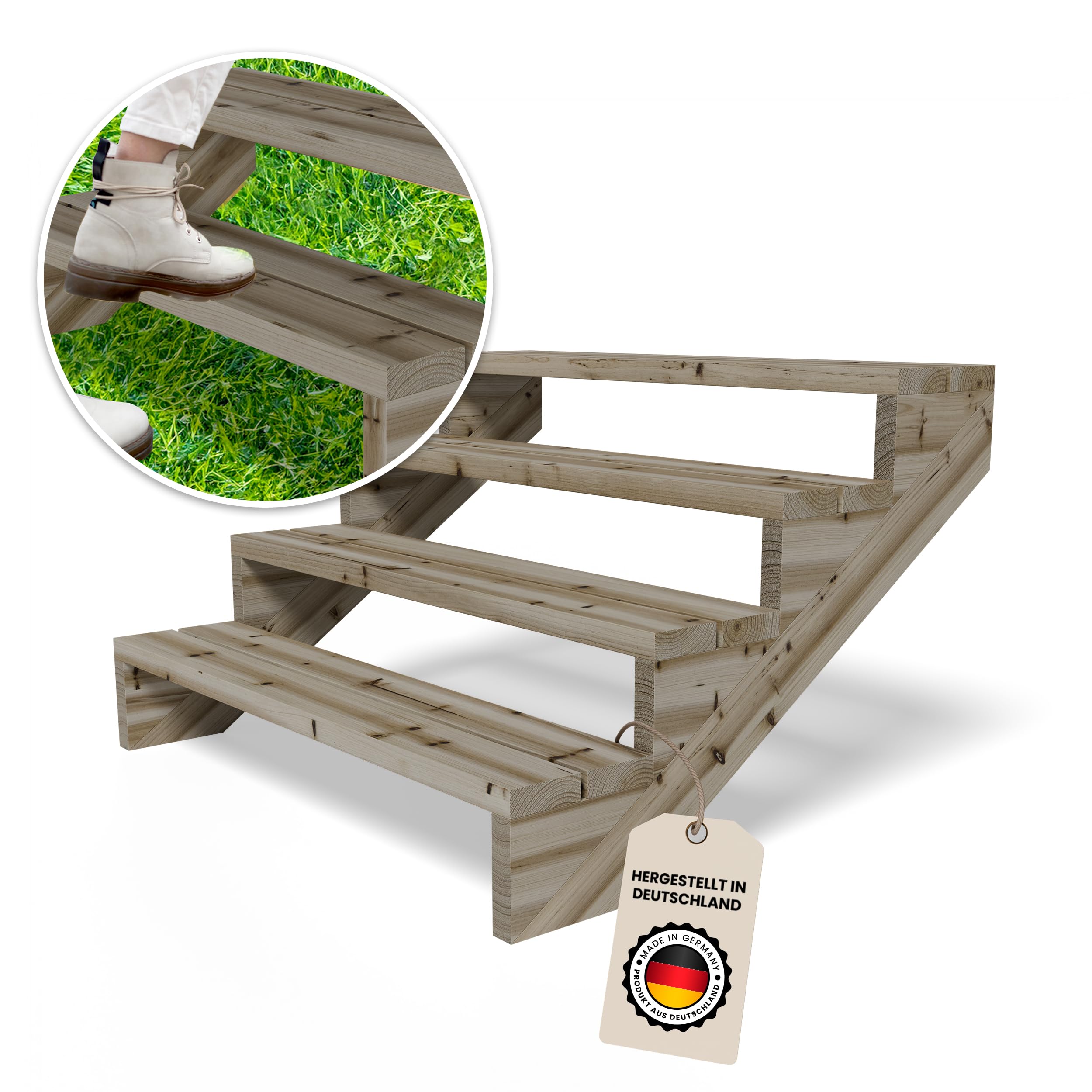 Gartenwelt Riegelsberger Escalera de terraza de pino impregnado – 120 cm de ancho, 4 peldaños, altura total 72 cm, escalera exterior de madera maciza resistente a la intemperie, incluye mejillas