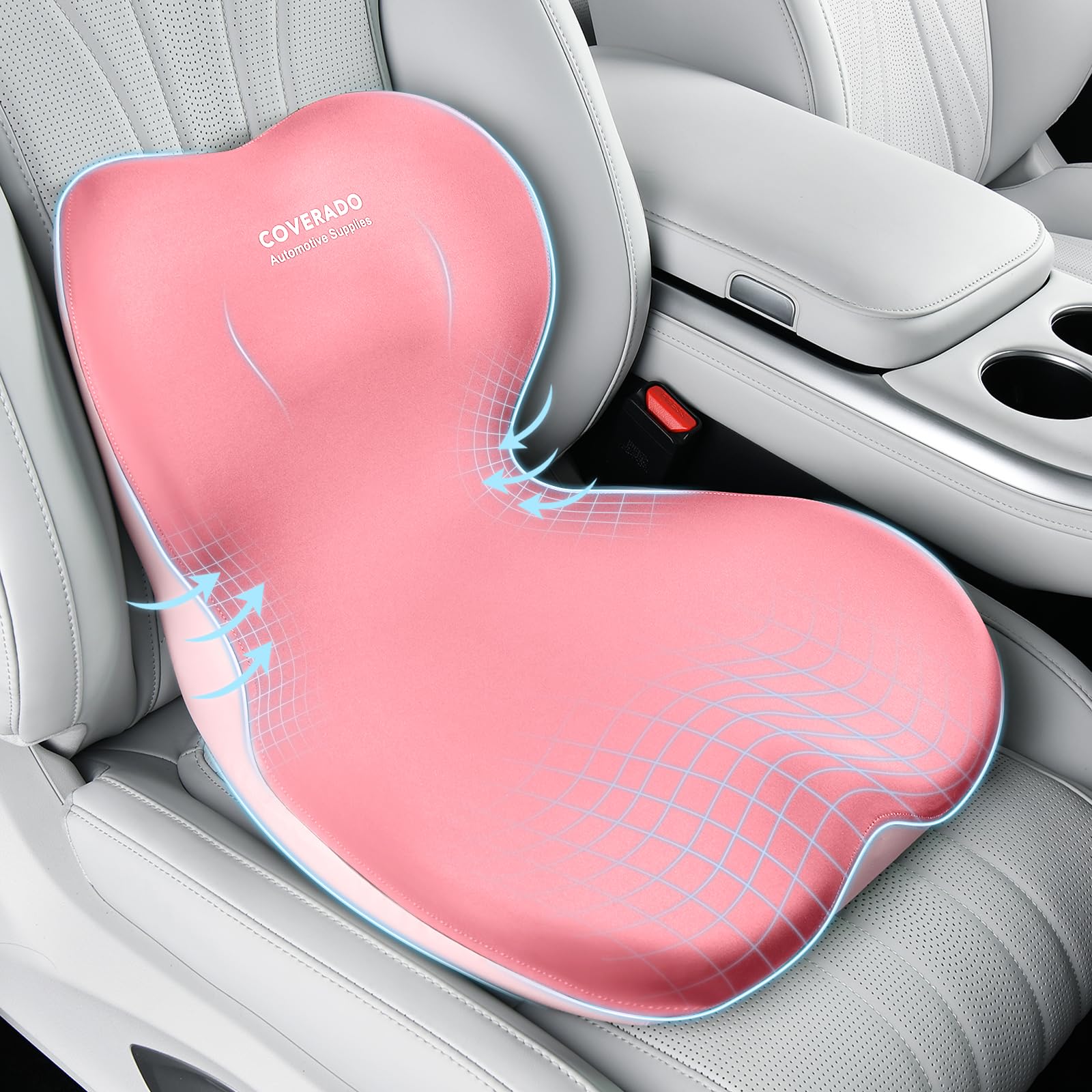 Coverado Seat Cushion and Lumbar Support Pillow One Piece for Car Office Chair, Ergonomic Memory Foam Desk Chair Cushion Back Support Pillow, Sciatica &amp; Back &amp; Tailbone Pain Relief Cushion-Pink