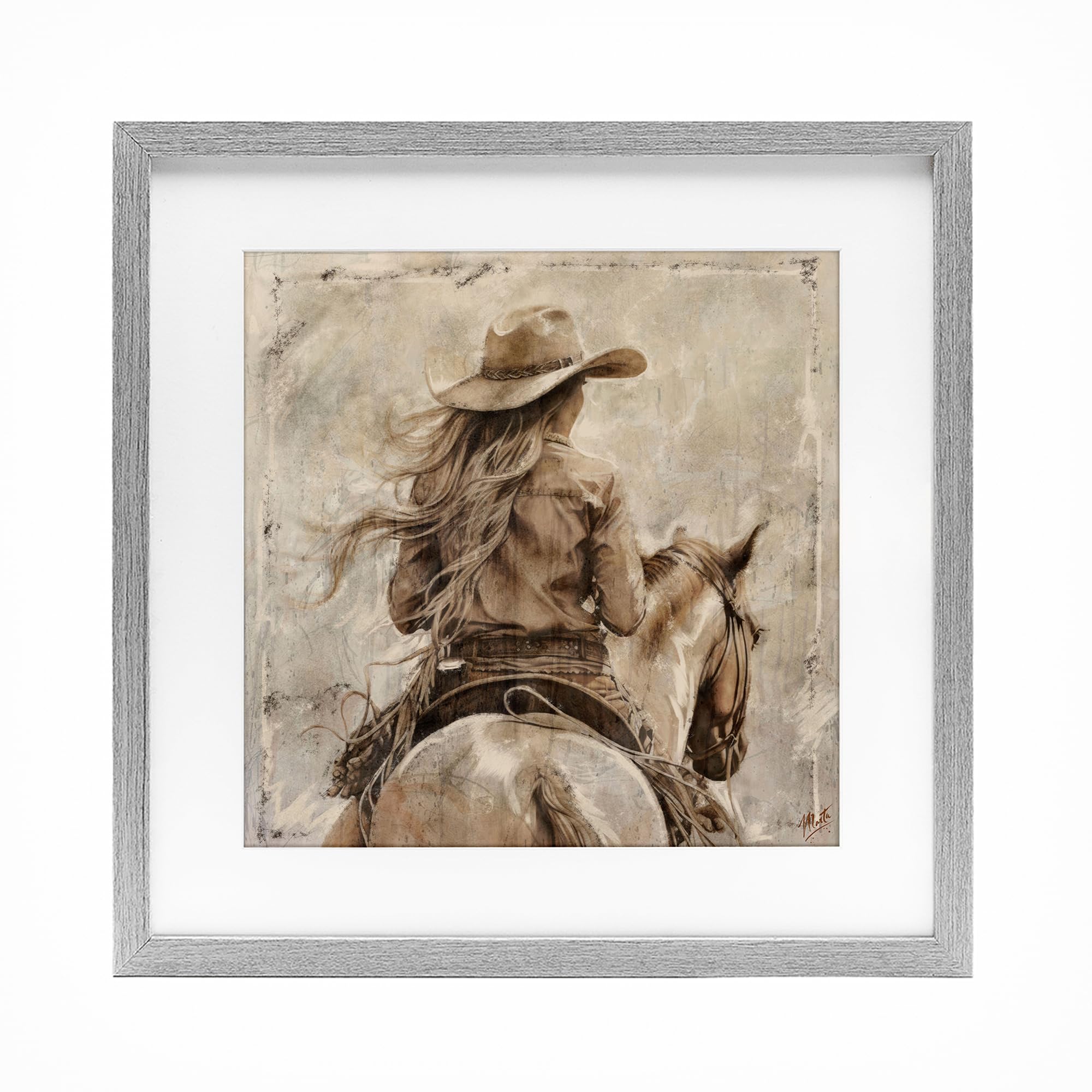Stupell Industries Farmhouse Gray (Textured) Windblown Cowgirl Western Adventure, 16 X 16 Inch Framed Print Under Glass