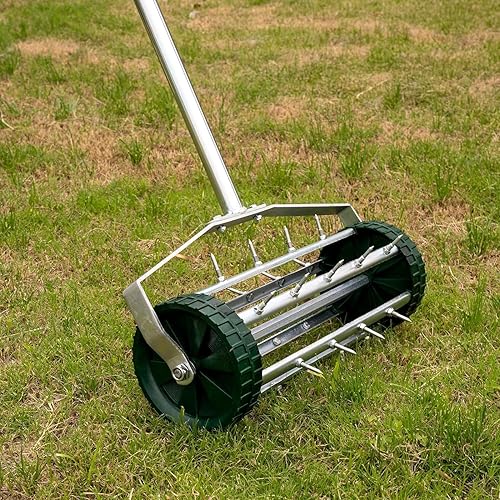 Heavy Duty Rolling Lawn Aerator with Rotary Push Tine Spikes and 3-Piece Steel Handle for Soil Aeration - Durable Lawn Care Equipment, Easy Push Garden Tool