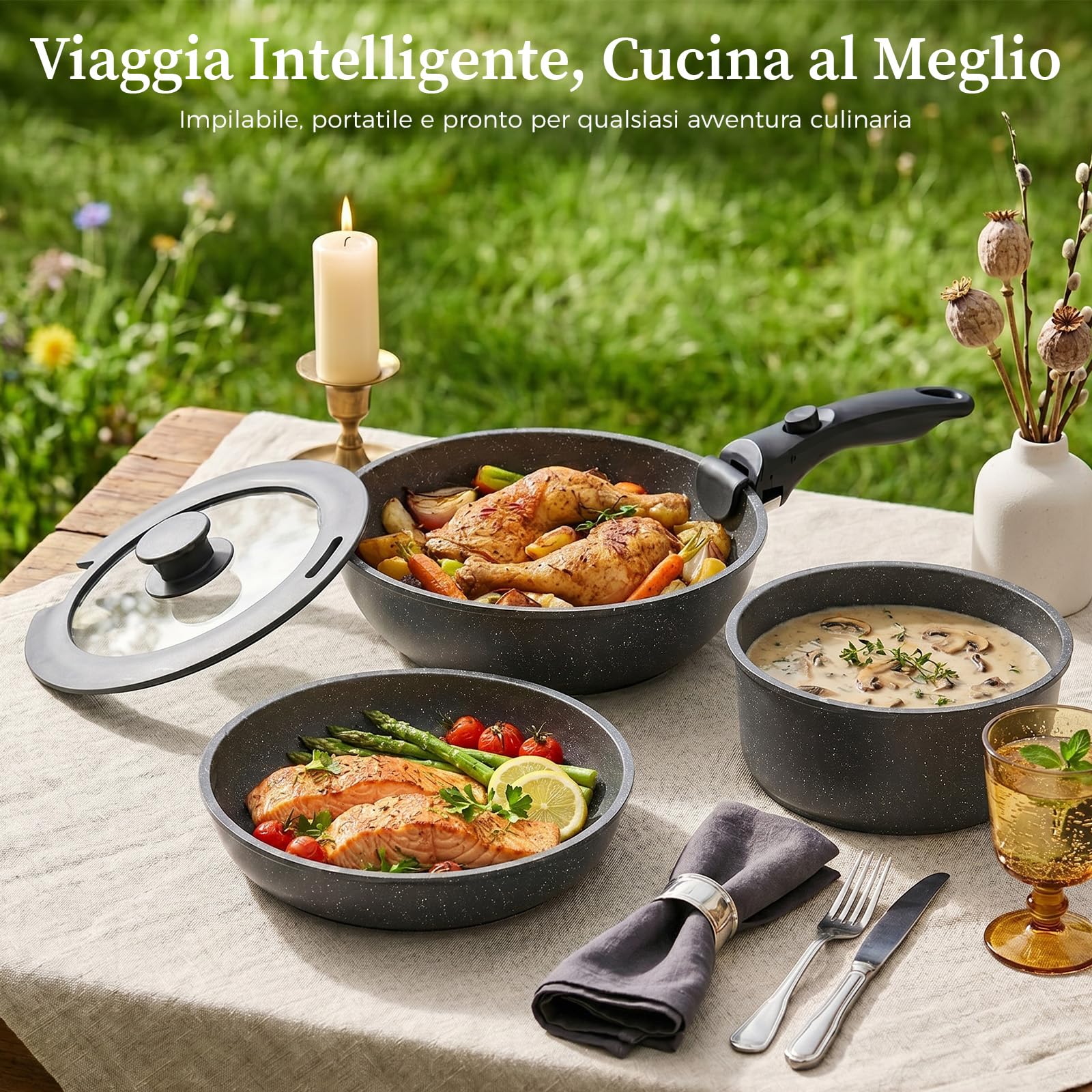 YASHE Pentole induzione 9 pezzi, atossiche, senza PTFE e PFAS | Tegame con Coperchio, Set Pentole e Padelle Antiaderenti in Granito Nero, Induzione, Salvaspazio Impilabile