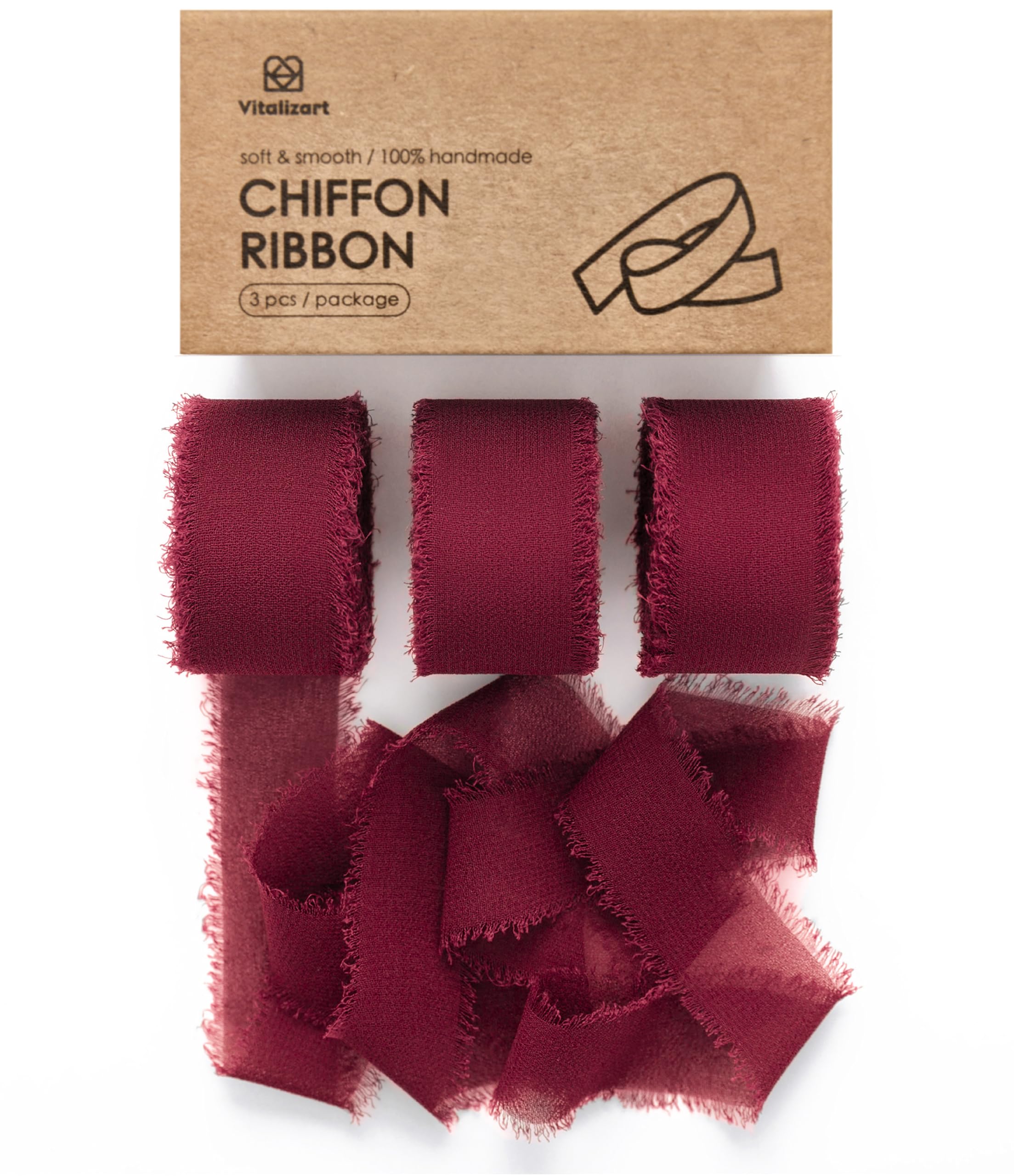 Vitalizart Burgundy Chiffon Ribbon 1" x 21 Yd, Fabric Frayed Fringe Package (3 Rolls x 7 Yd), Silky Ribbon for Wedding Invitation, Bridal Bouquet, Decoration, Gift Wrapping, Bow Making