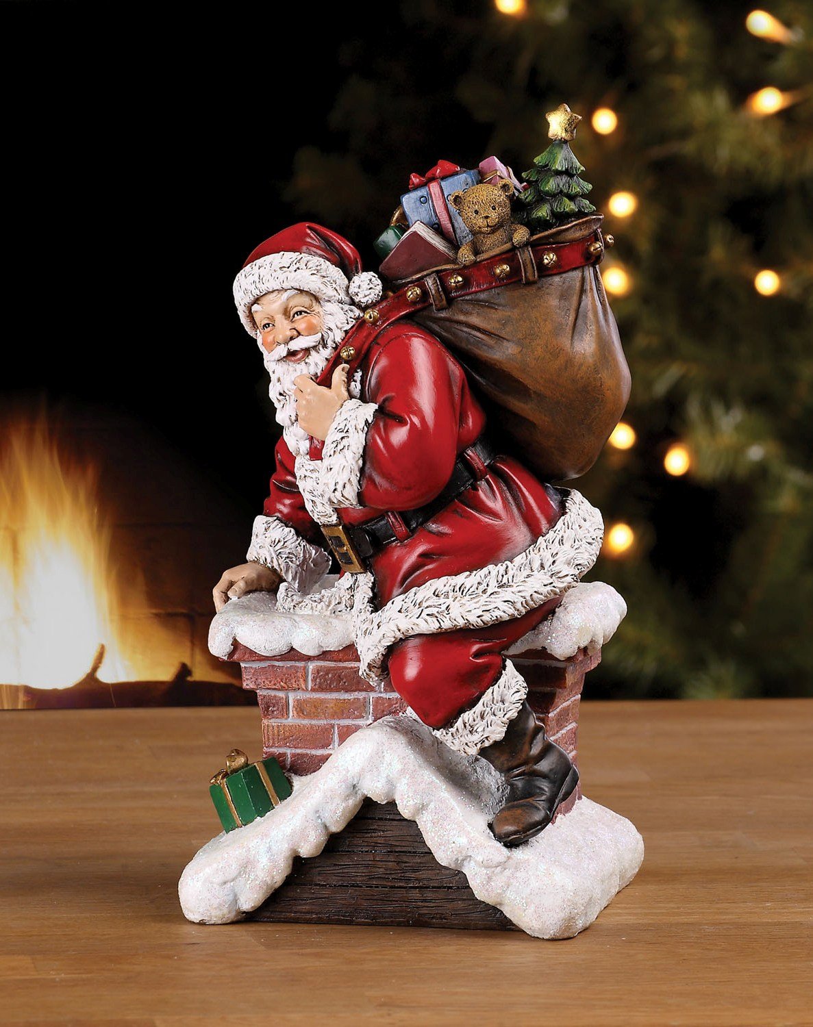 Santa Claus Climbing Down Chimney with Presents Resin Stoneware Christmas Decoration Figurine