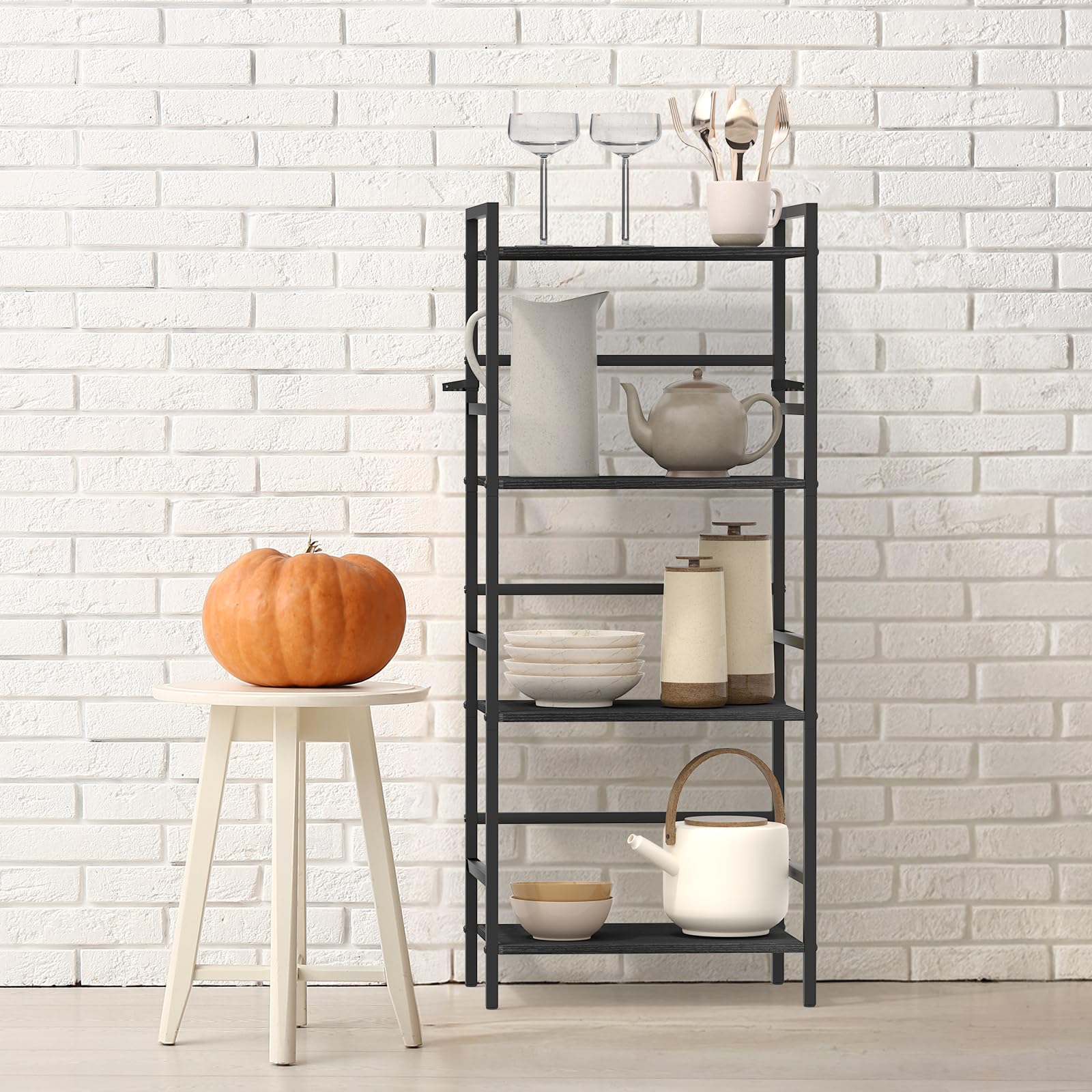 CADUKE 4-stufig Bücherregal, Standregal mit Holzablagen, Schwarzes Küchenregal, Industrielles Aufbewahrungsregal für Wohnzimmer, Büro, Schlafzimmer, 43 x 28 x 102 cm