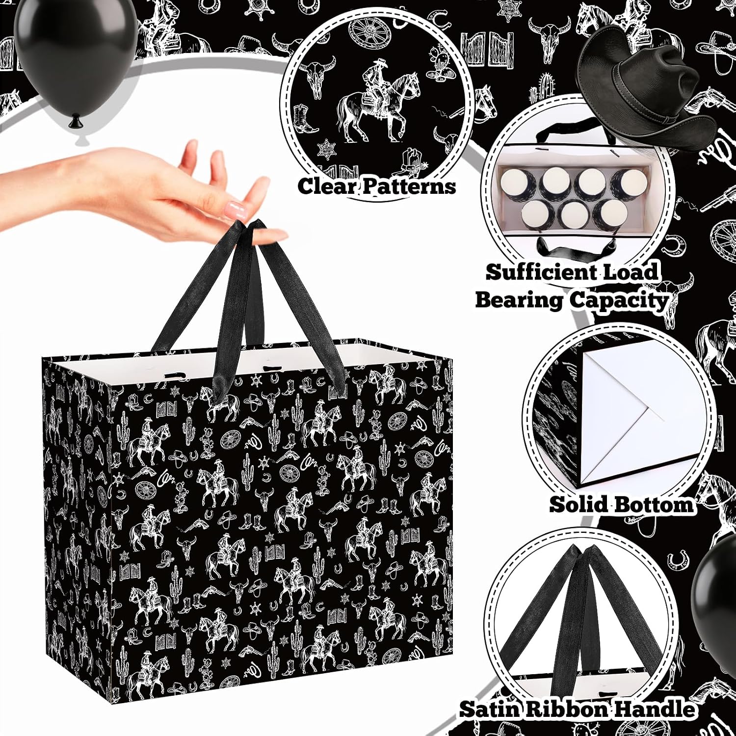 Large Black Cowboy Gift Bag with Tissue Paper and Card Happy Birthday Gift Bags for Men Boys Riding Horse Wild West Party Gift Bag Black Rodeo Cowboy Wrapping Paper Western Theme Party Decor 11.8in