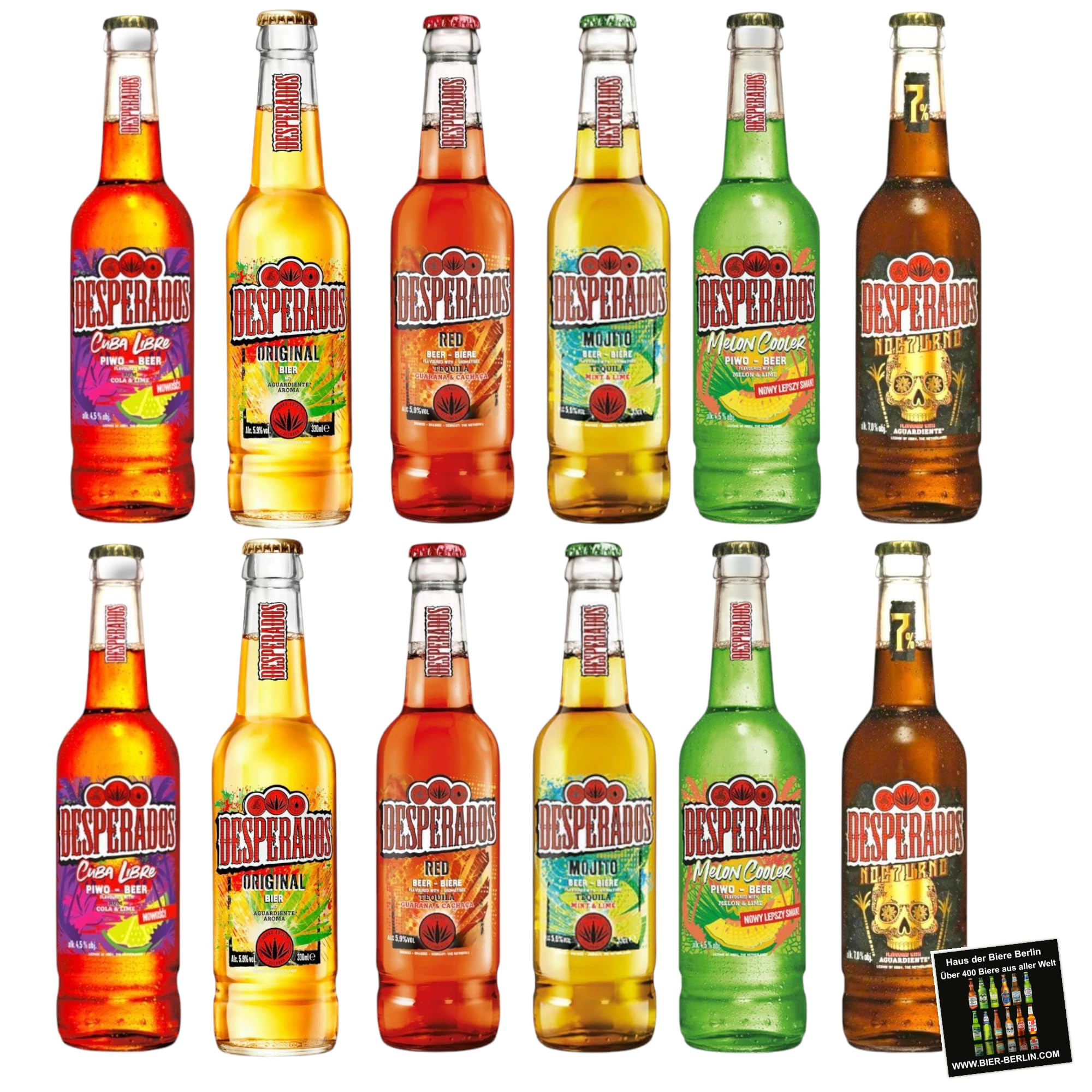 Desperados Mixpaket 12 x 400ml – 6 Sorten im Probierpaket inkl. Haus der Biere Berlin Bierdeckel – Original, Mojito, Red, Cuba Libre, Melon Cooler & Nocturno – Bier mit Tequila