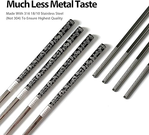 Miniatura 3 de Hagary Panda - Palillos negros de metal, reutilizables, diseñados en Corea, estilo japonés, acero inoxidable 316 1810, antideslizantes, aptos para
