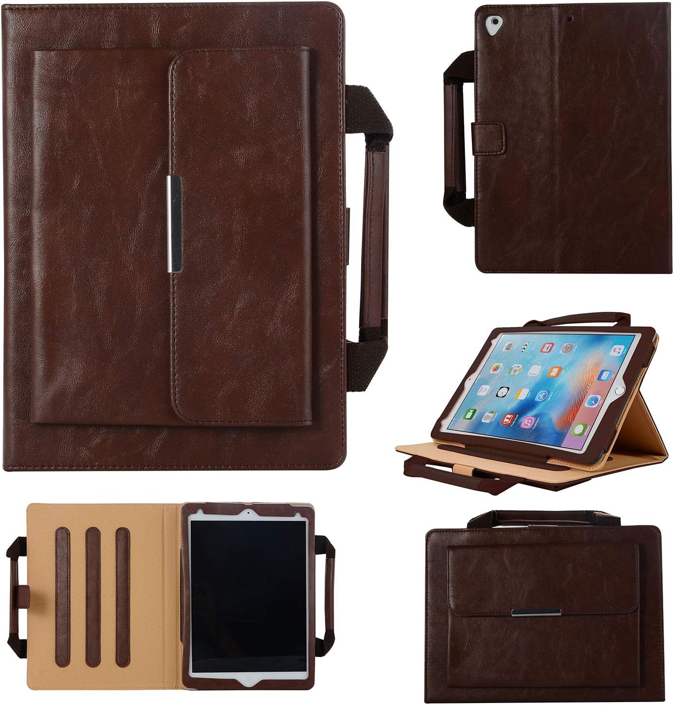 Uliking Folio Case for Apple iPad Mini 4/Mini 3/Mini 2/Mini 1 Handbag Case, Smart Multi-Angle Stand PU Leather Document Pocket Magnetic Cover with Handle Hand Strap [Auto Wake/Sleep] + Stylus, Brown