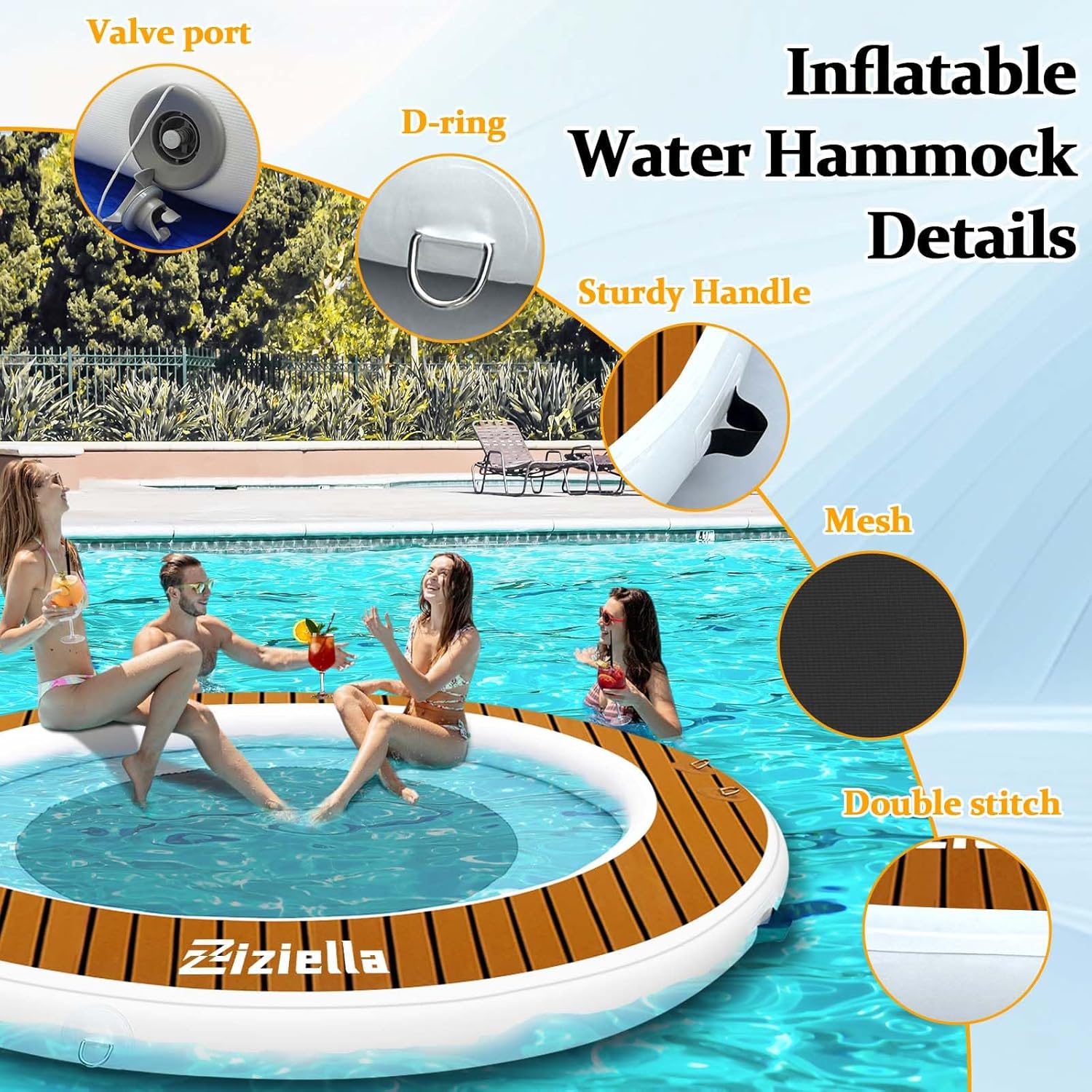 Inflatable Floating Water Hammock, 8ft/10ft Round Floating Ring for Adults Kids with Mesh, 6 inch Thick Floating Platform River Floats Dock for Pool Ocean Lake Beach