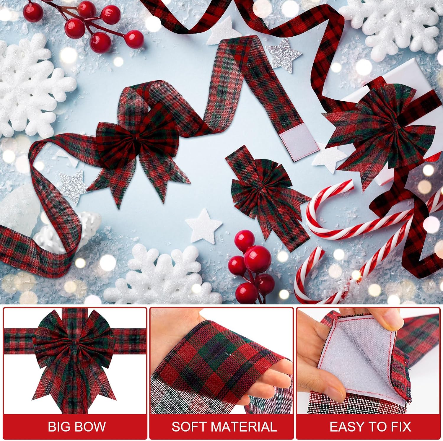 Ganeen 7 Pieces Christmas Cabinet Door Ribbon Bow Large Christmas Door Bow Christmas Cabinet Festive Ribbons Cabinet Bows Christmas Tree Bow Christmas Wreath Bow (Red and Green Plaid)