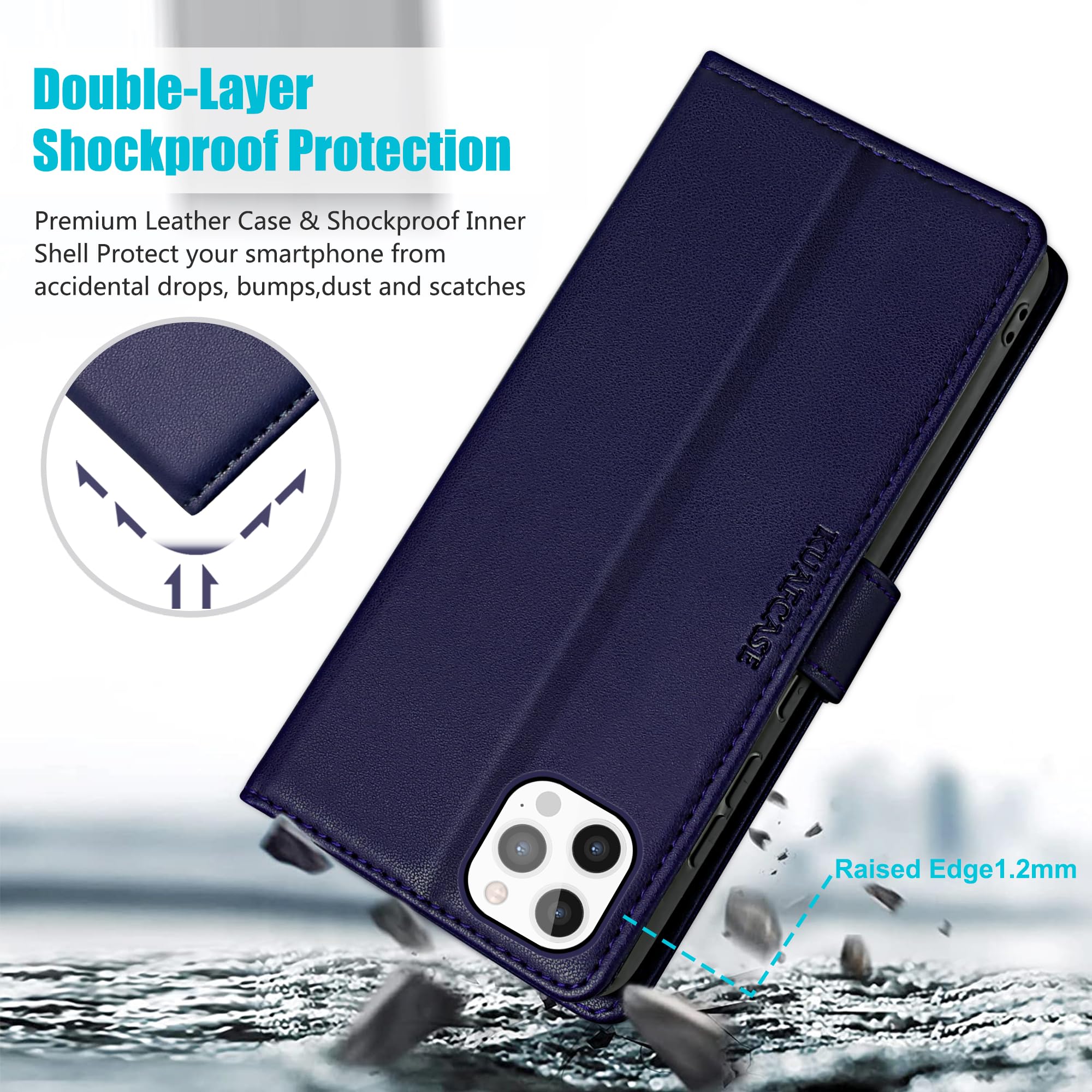 Kuafcase Compatible for iPhone 12 Pro Max Case with 4 Card Slots Magnetic Closure Kickstand Shockproof Protective Phone Case Compatible for iPhone 12 Pro Max - Image 3