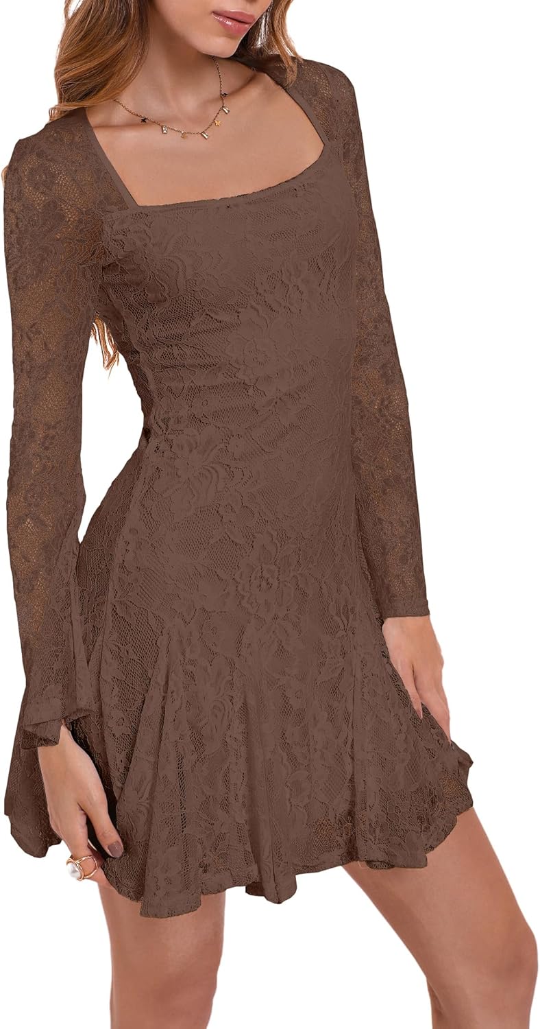 HYPERFIRE Women's Square Neck Floral Lace Mini Dress Flowy Short Dress Mesh Night Out Dresses Club Outfit - Image 4