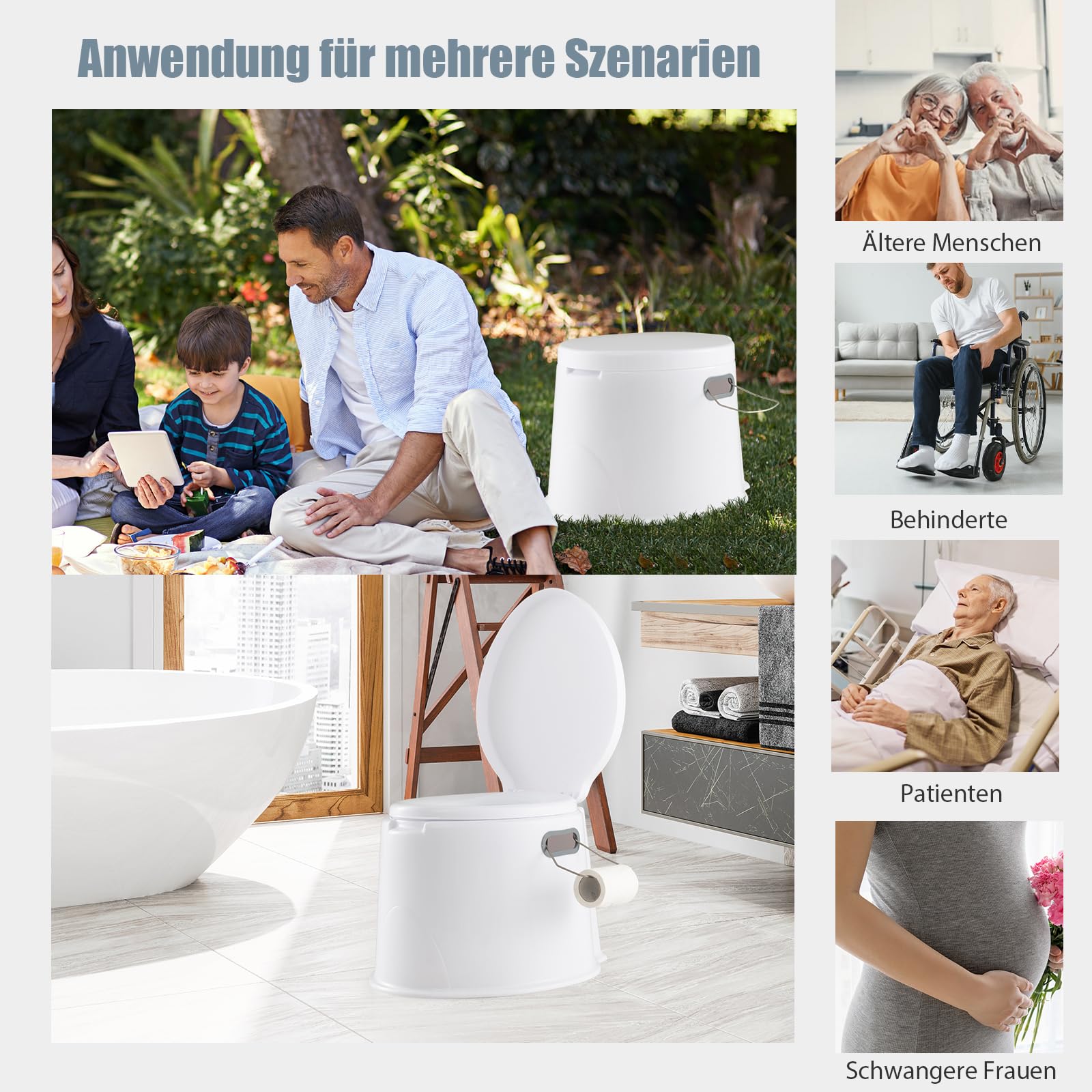 SOARS Campingtoilette, 5L Reisetoilette, Camping Toiletten mit abnehmbarem Inneneimer & Papierrollenhalter, Mobile Toilette mit Deckel, bis 200 kg belastbar, ideal für Camping, Reisen,Wandern