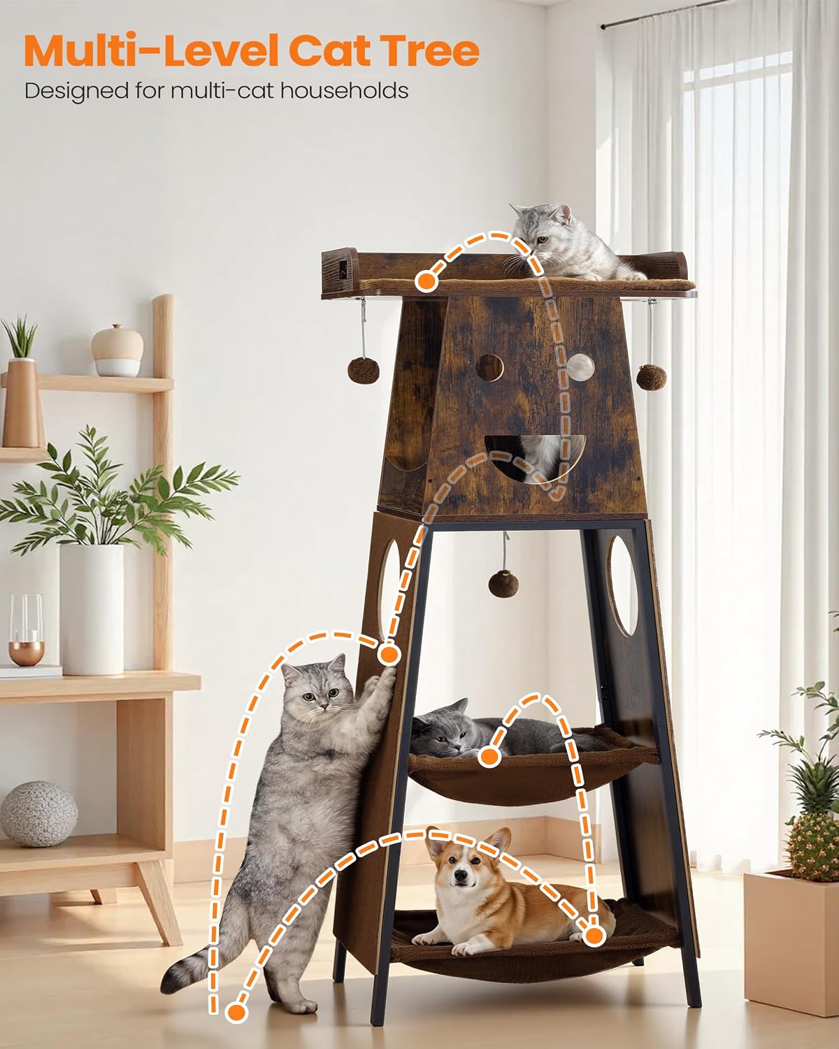 Modern Wood Cat Tree for Indoor Cats, 56 Inch Tall Cat Tower with Hammock, Multi-Level Trees with Perch Bed, 2 Hammock, Cat Condo, Scratching Board, Removable Pad, Cat Furniture, Rustic Brown