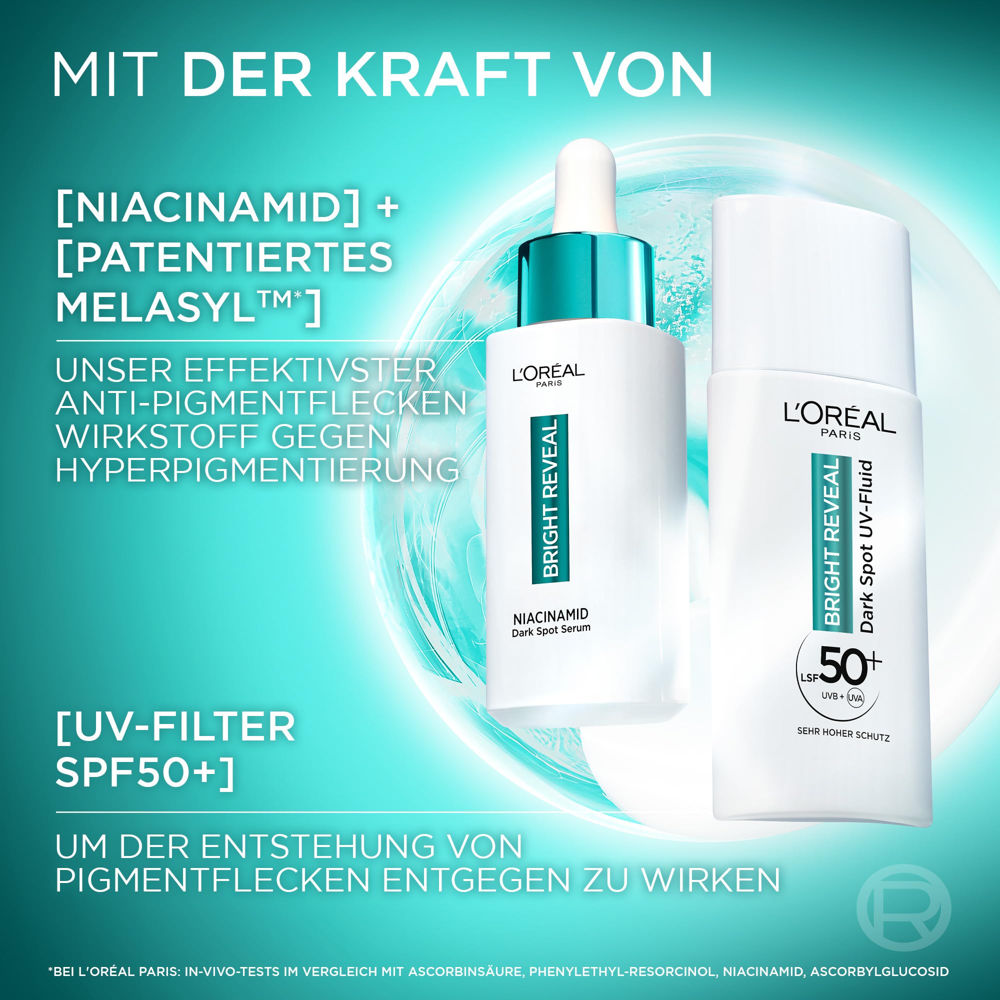 L'Oréal Paris Anti- Pigmentflecken Set: Bright Reveal Niacinamid Serum & UV Fluid LSF50, für strahlende & ebenmäßige Haut