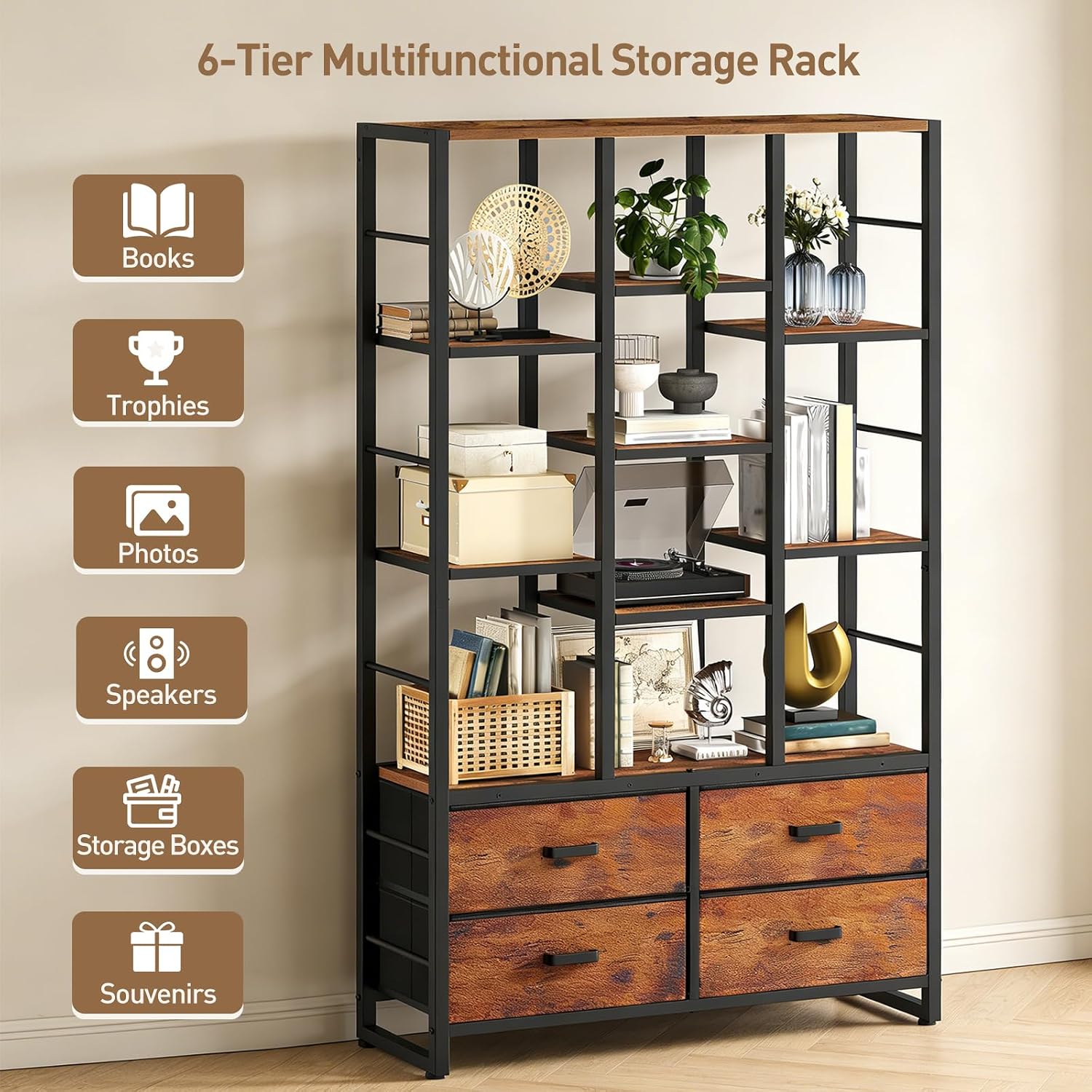 RALGEND Bookshelf with 4 Drawers Set of 2, 6-Tier Bookcase with Open Display Shelves and Protective Rails, Industrial Large Book Shelf with Storage for Home Office, Living Room, Rustic Brown and Black