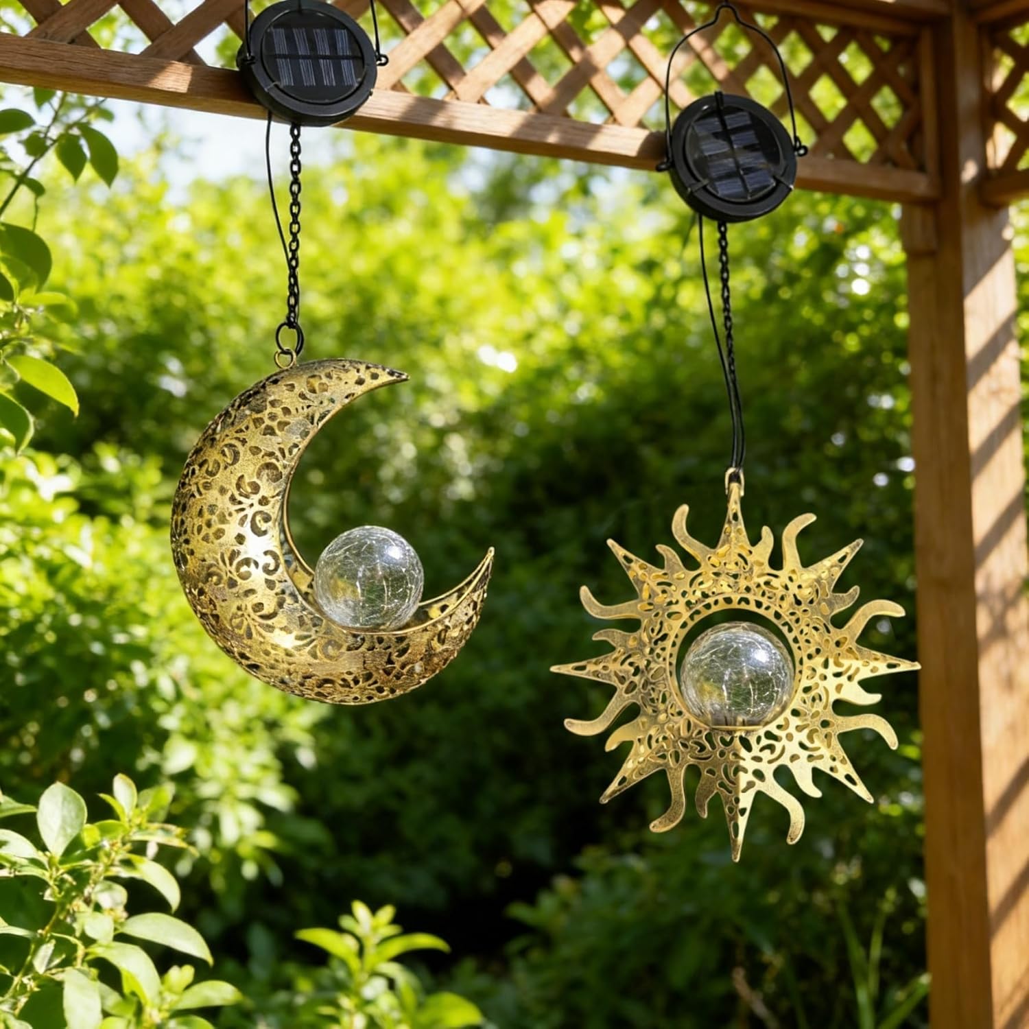 Solar Hanging Sun & Moon Lights Set for Outside,2 Pack Metal Lanterns Pierced Carving Soothing Lamp, Large Decorations for Yard Garden Patio Proch Tree Wall, Christmas Gifts for Women Mom - Image 6