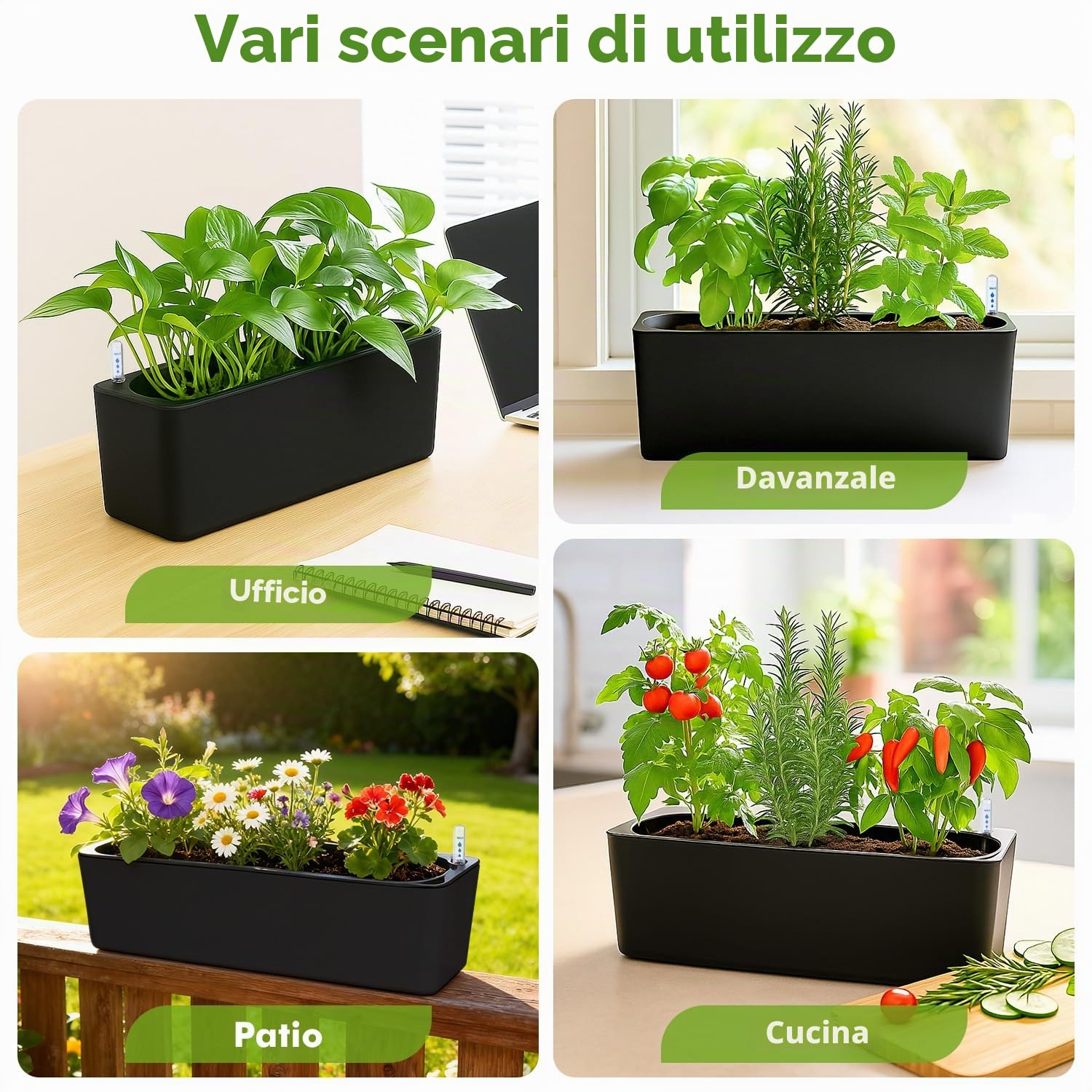 Planterhoma Confezione da 2 fioriere rettangolari autoirriganti per davanzali delle finestre, 39,6 x 13,7 cm, vasi per piante in plastica con fori di drenaggio, vaso da fiori nero (nero)