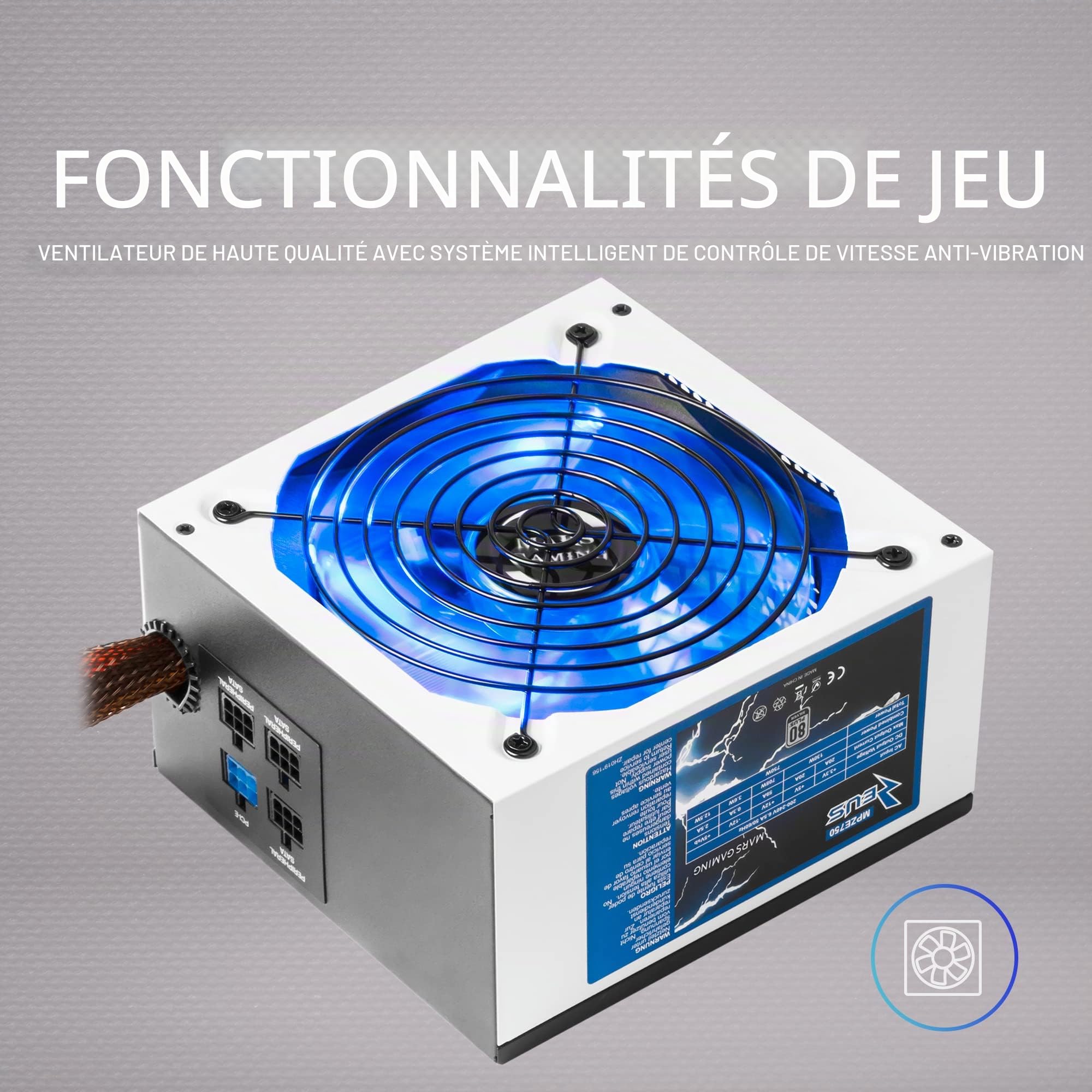 Mars Gaming MPZE750, Alimentation Modulaire pour PC 750W, 80Plus Silver, Blanc