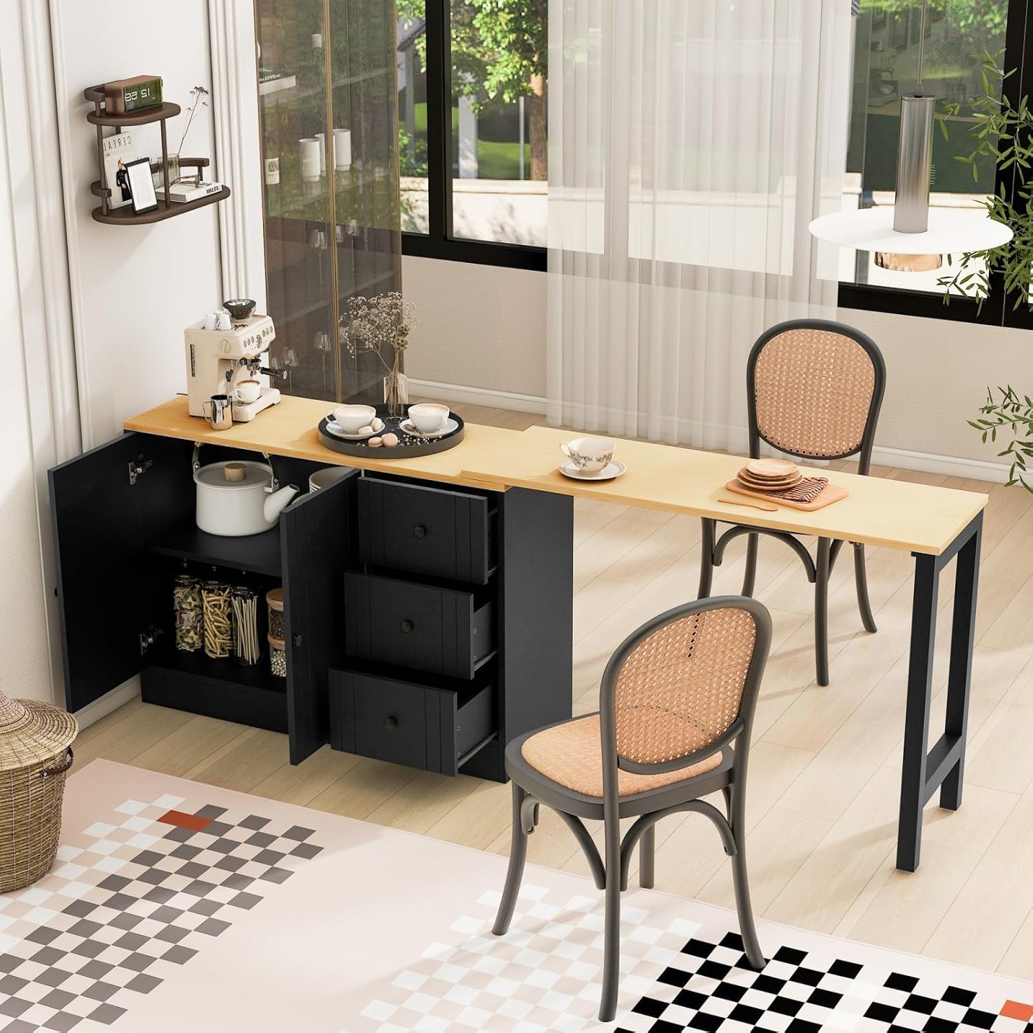 89.7''Wooden Sideboard with Extendable Table,Multifunctional Storage Cabinet with 2 Doors and 3 Drawers,for Living Room,Study,Foyer and Kitchen