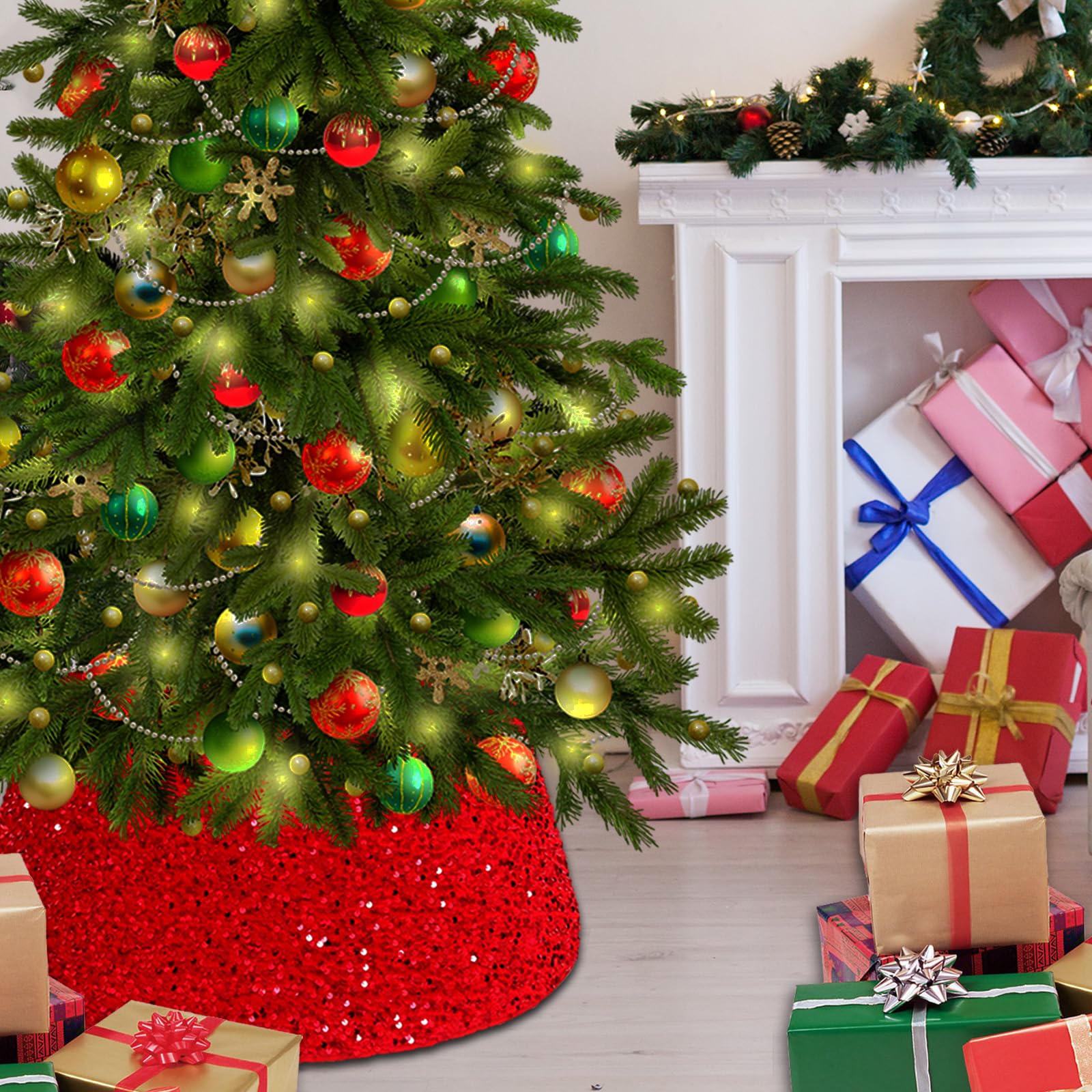Gonna Per Albero Di Natale 60 cm - Decorazioni Glitter Rosso, Collare e Base Per Cestino - Copertura Per Feste a Casa e Vacanze