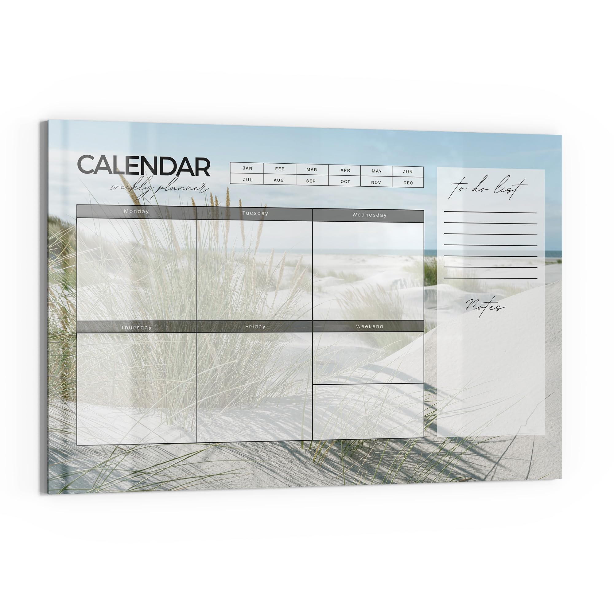 DEQORI Lavagna magnetica in vetro | 90 x 60 cm | motivo "Agenda settimanale sabbia (EN)" | Lavagna magnetica con magneti, penna e panno per cucina e ufficio, lavagna magnetica e scrivibile