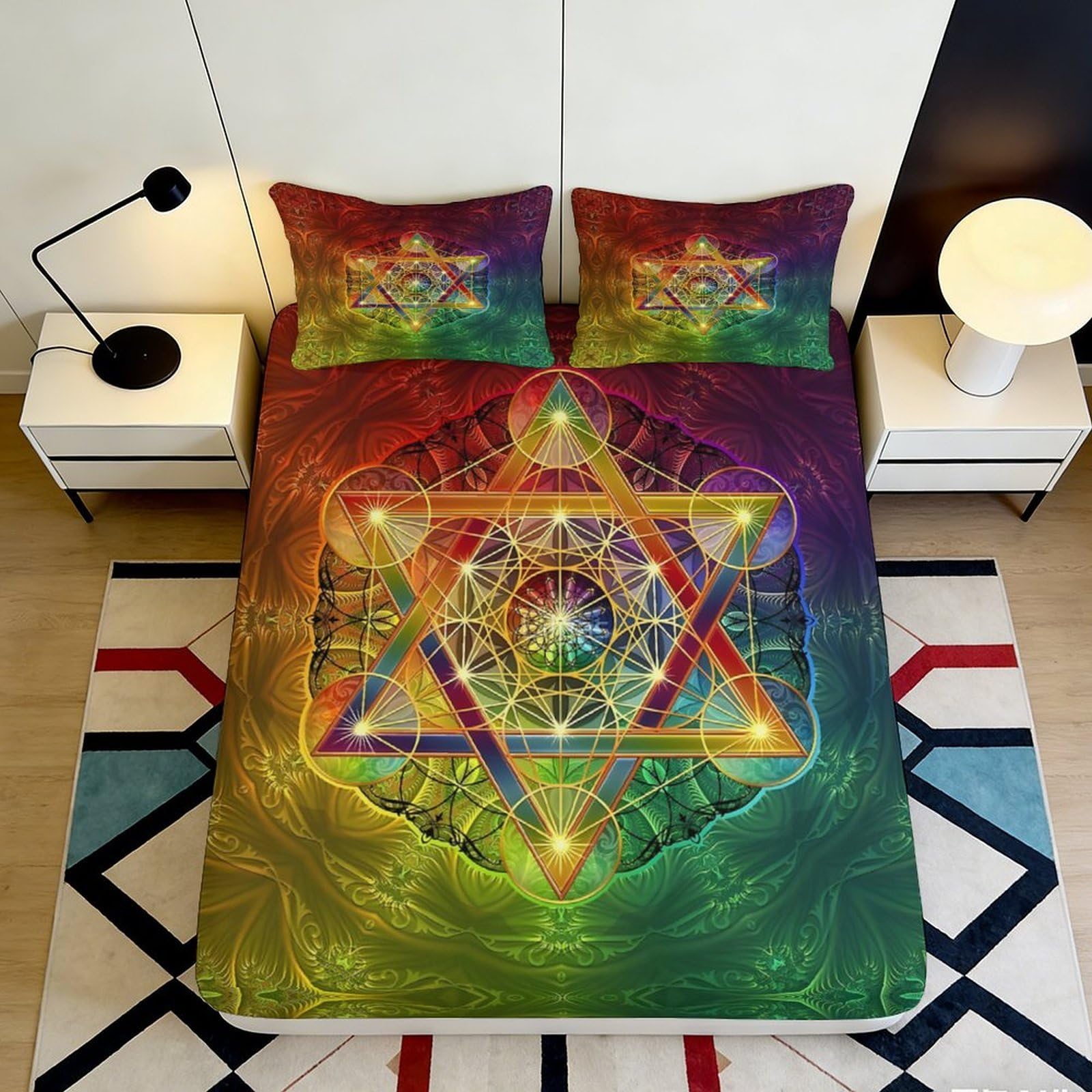 K1r3d9e5 Style-5 3D Printed Mandala Rainbow Fitted Sheet Microfiber Soft Geometric Sacred Geometry Mattress Cover For Bedroom Dorm Decor 90X200x25cm