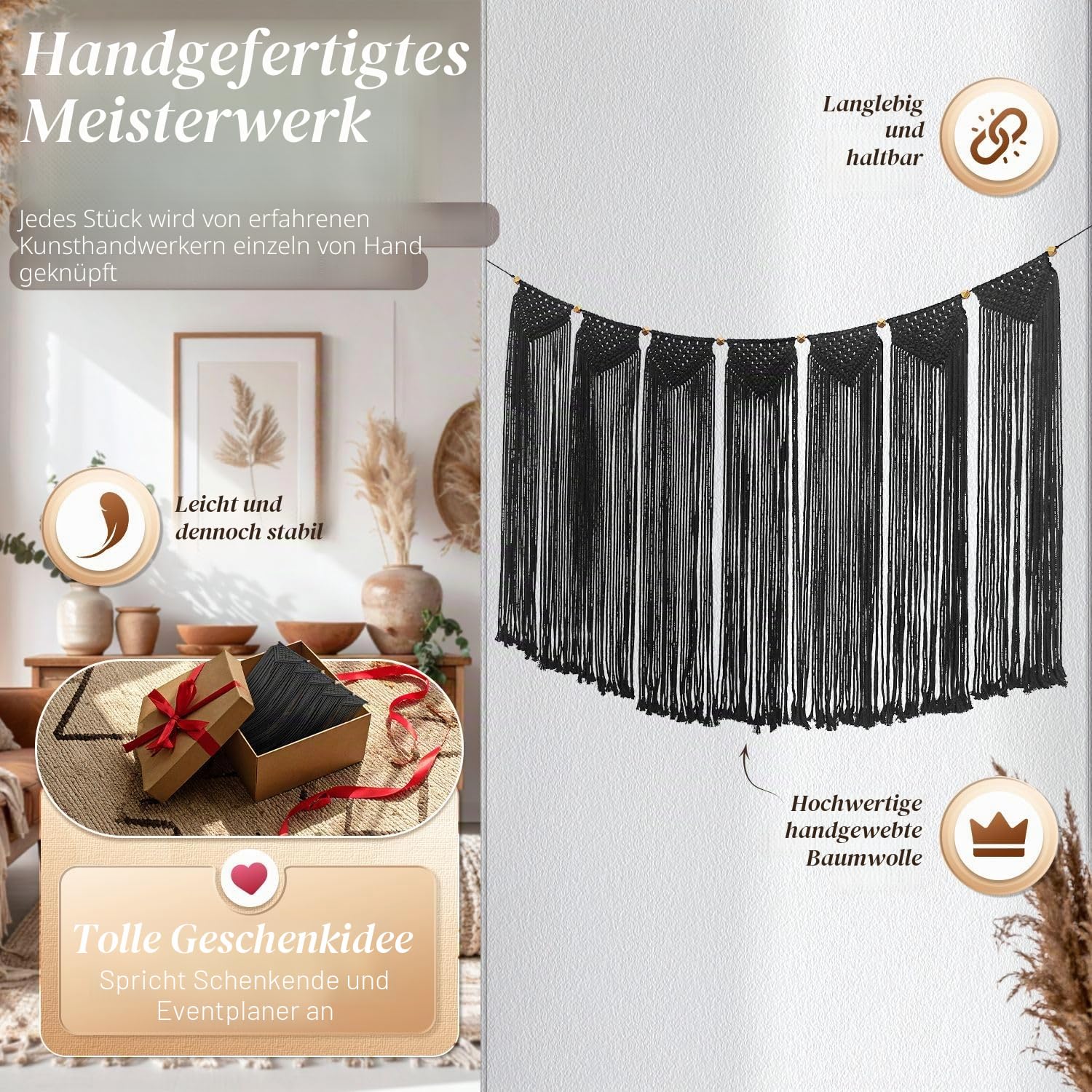 Flexzion Makramee Wandbehang 120 x 72 cm, Woven Wanddeko Boho Deko Wandteppich Vorhang Baumwolle Gewebte, Große Böhmische Tapisserie Wohndekorationen für Hochzeit Schlafzimmer Wohnzimmer - Schwarz|