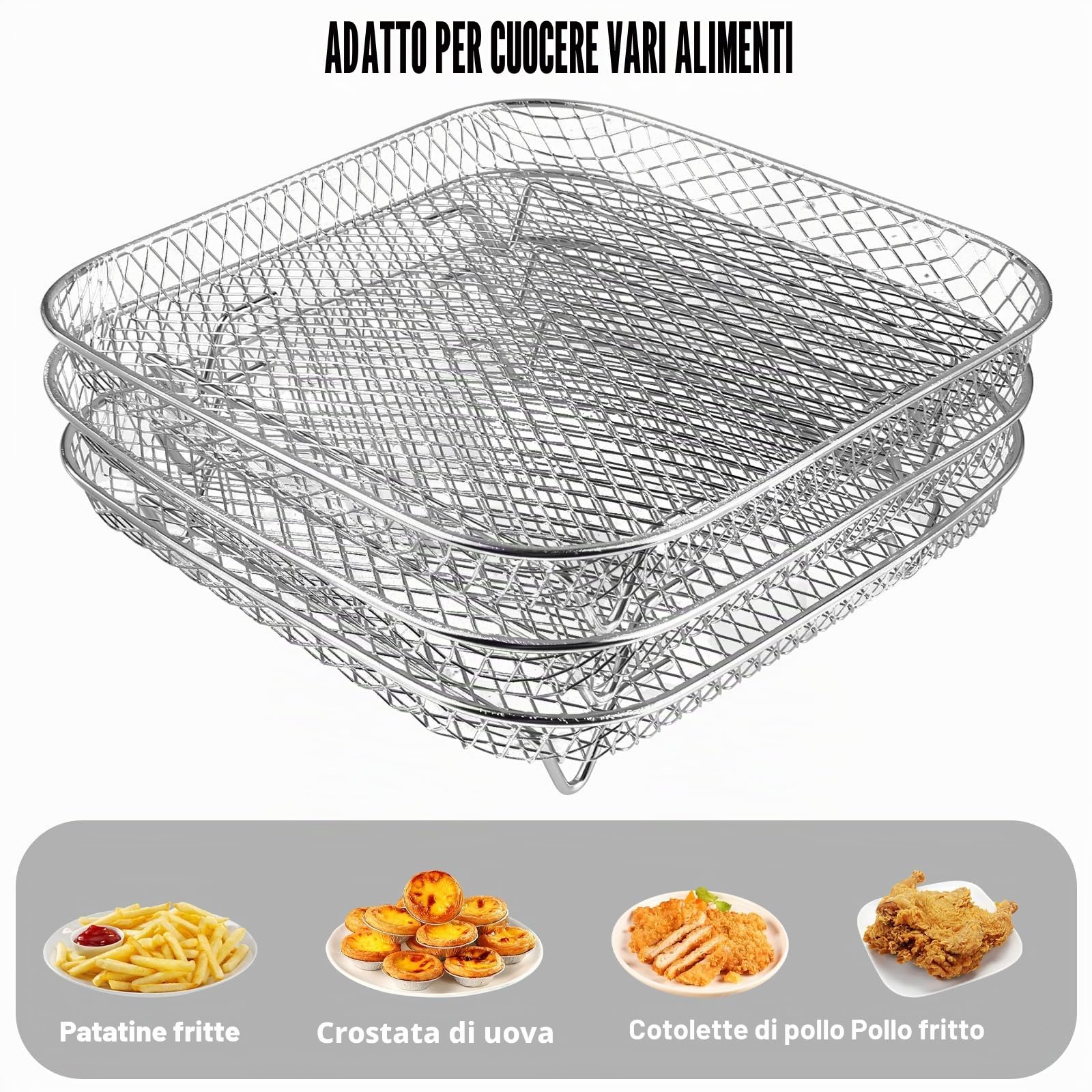 Scaffale per friggitrice ad aria, a 3 livelli, impilabile, in acciaio inox, quadrato, accessori per friggitrice ad aria con 8 piedini in silicone, 1 pinzetta e 1 spazzola per la maggior parte delle