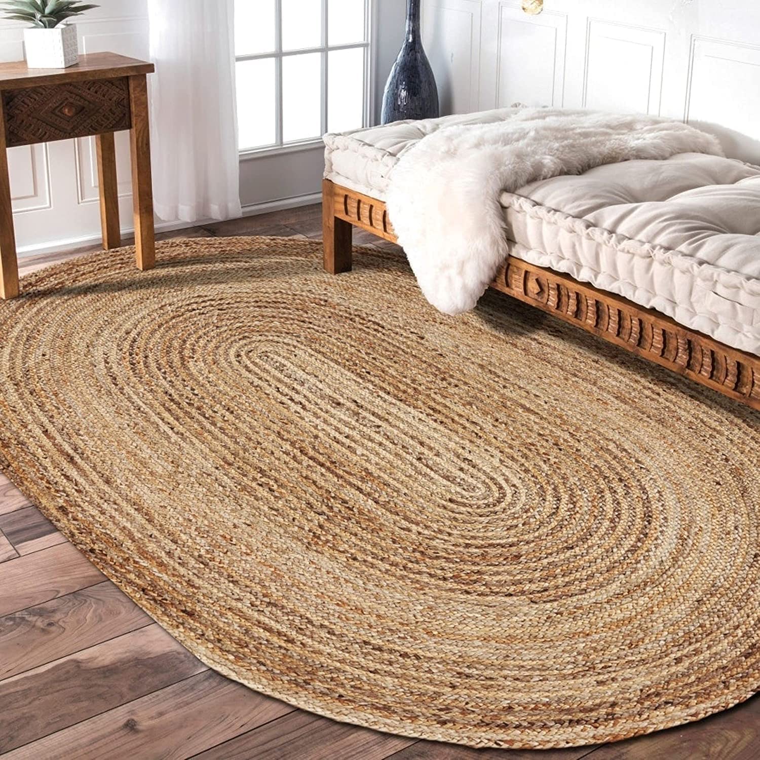 YASAR Handwoven Jute and Cotton Oval Rug, Natural Fibers, Braided Reversible Carpet for Bedroom Living Room Dining Room