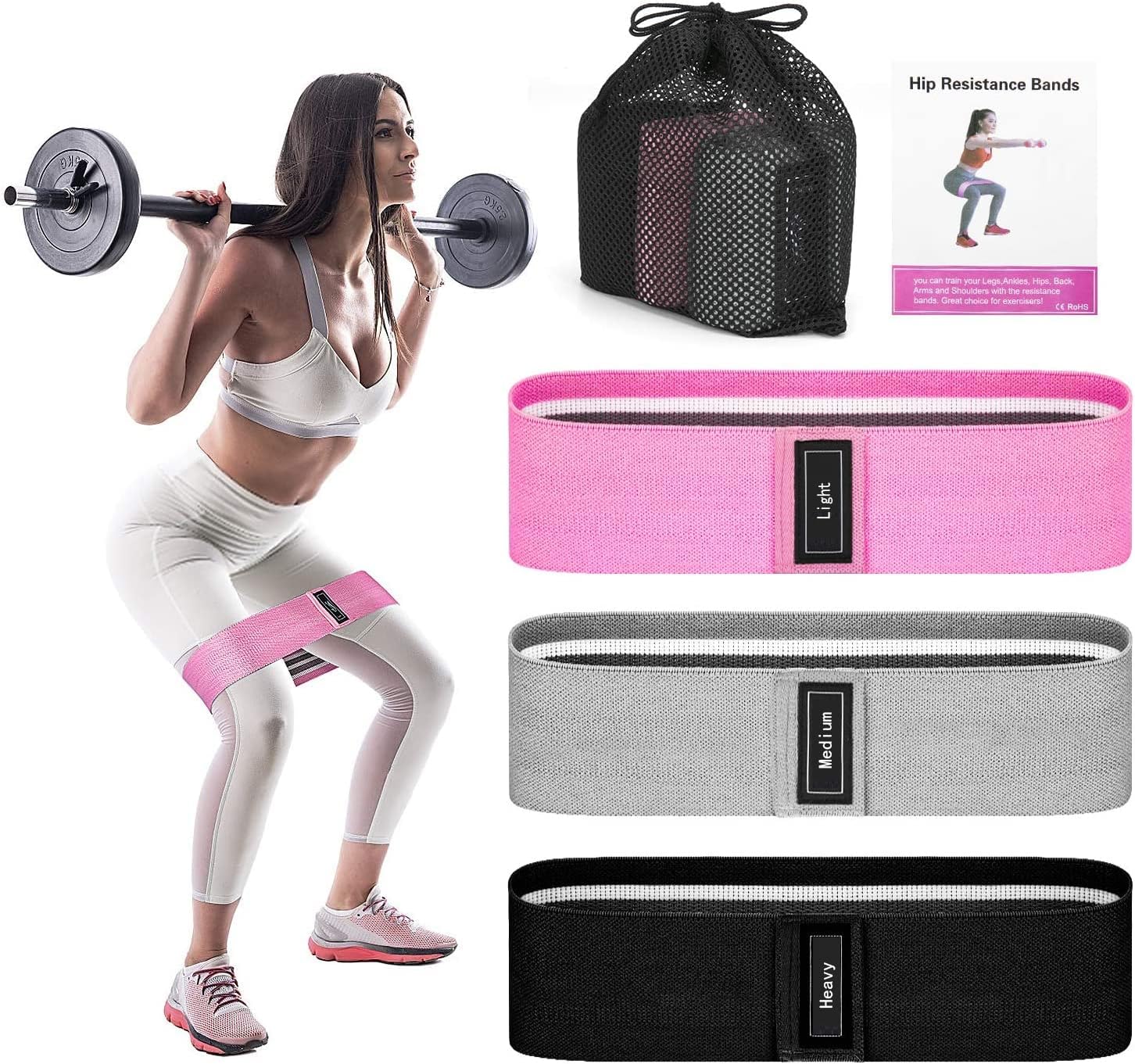 Allvodes Booty Bands, Fabric Resistance Bands for Legs and Butt, Non Slip Exercise Bands for Women Men, Elastic Strength Squat Band, Workout Beginner to Professional - 3 Pack Set