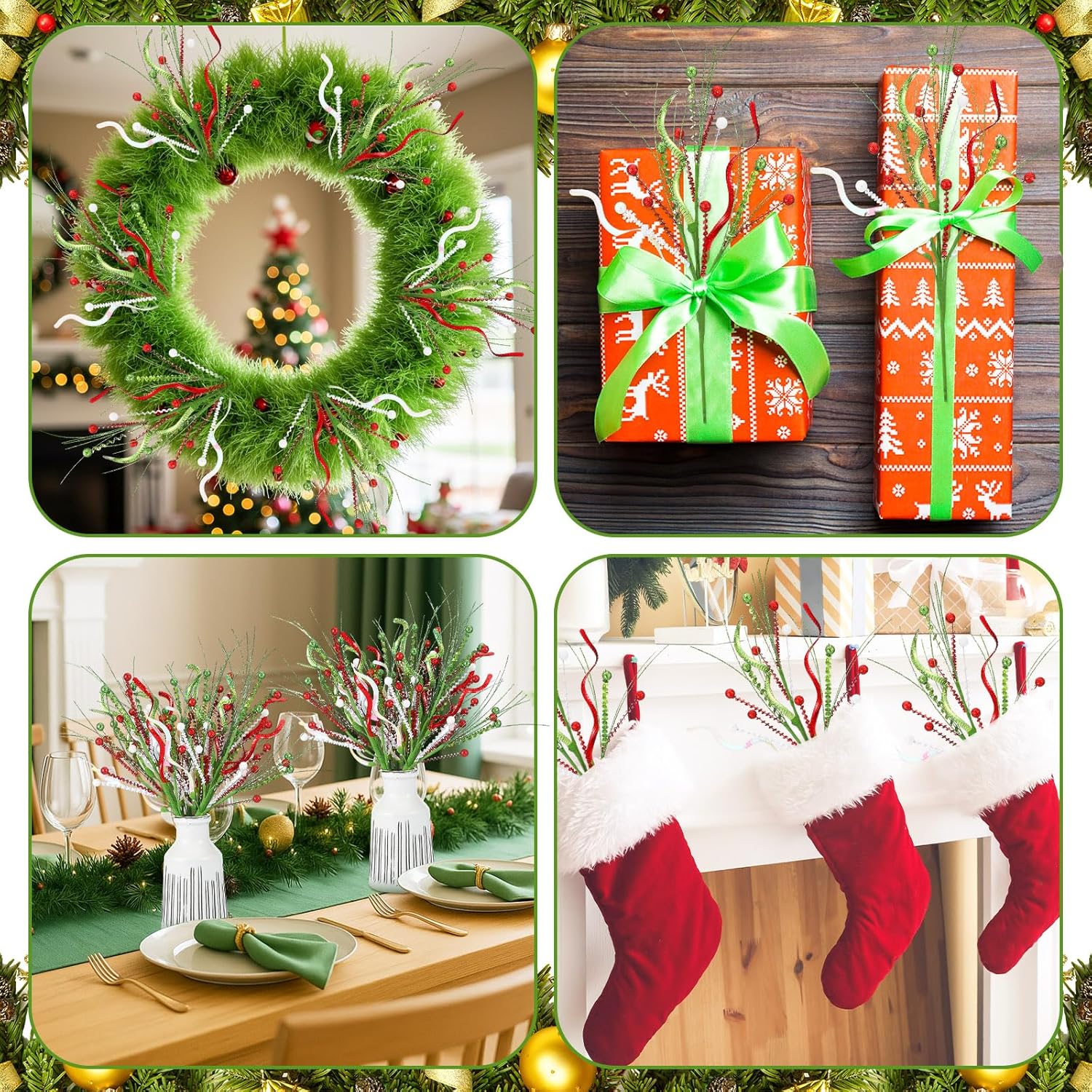 Gejoy 9 Pcs Christmas Tree Picks Sprays 16'' Large Red and Lime Green Glitter Curly Picks Artificial Candy Ornaments for Xmas Tree Topper Vase Fillers Christmas Holiday Craft Decor(Tenuous)