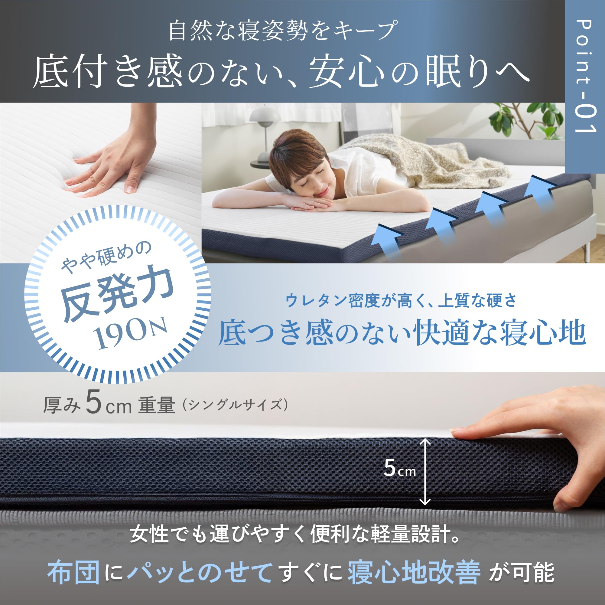 GOKUMIN マットレス シングル 硬め 5cm 【超高反発×超高密度】 lt-mssn-s-bk_tate_01_241209.jpg