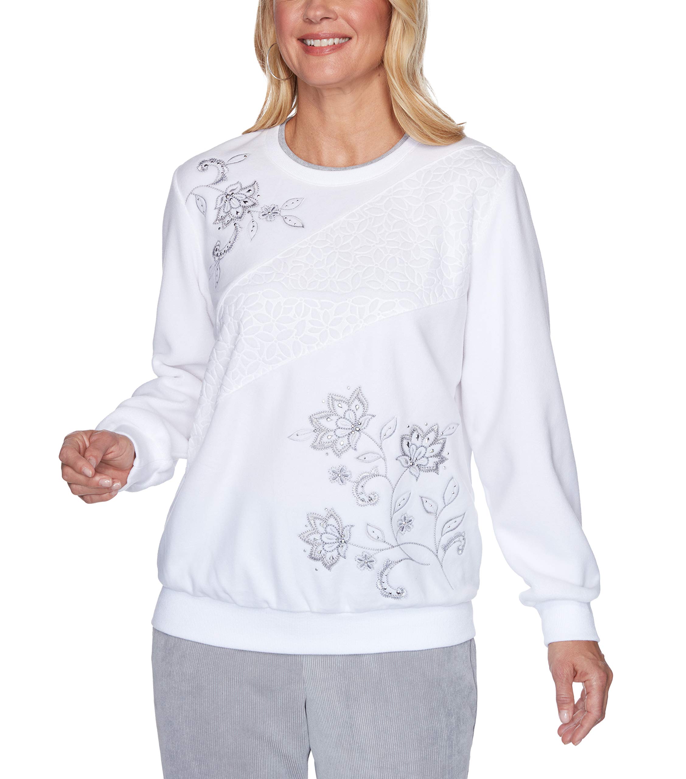 Alfred Dunner Women's Lake Geneva Floral Embossed & Embroidered Fleece Top