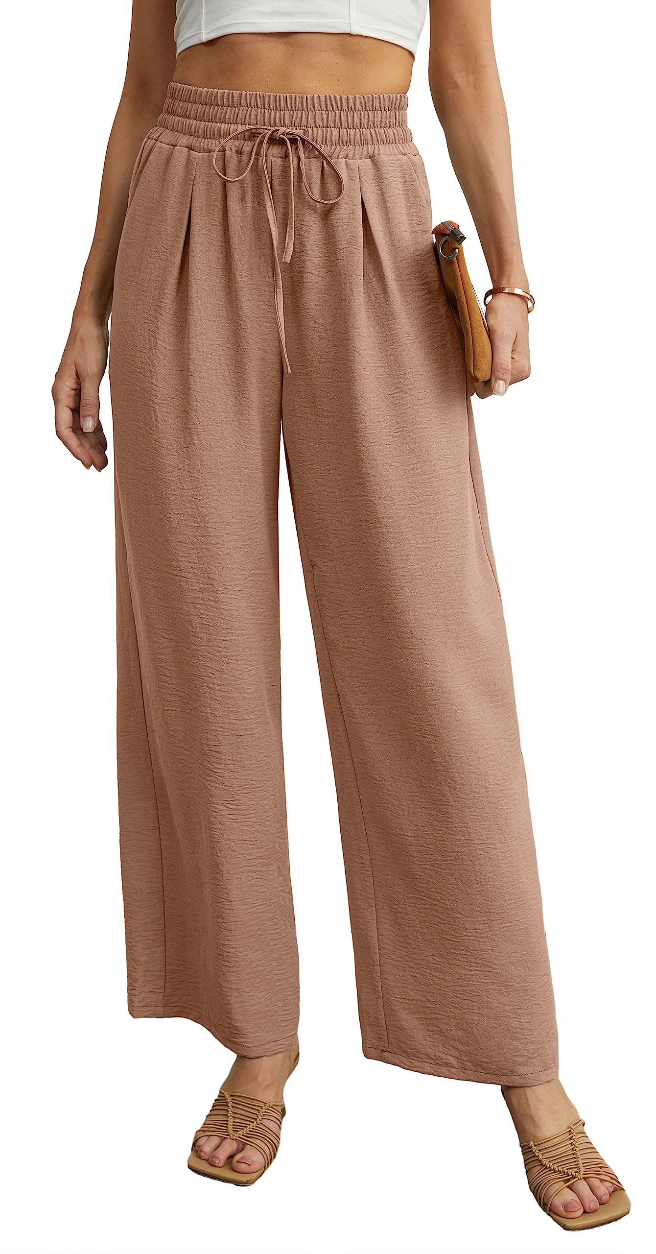 Qixing Womens Wide Leg Casual Loose with Pockets Lightweight High Waist Adjustable Pants