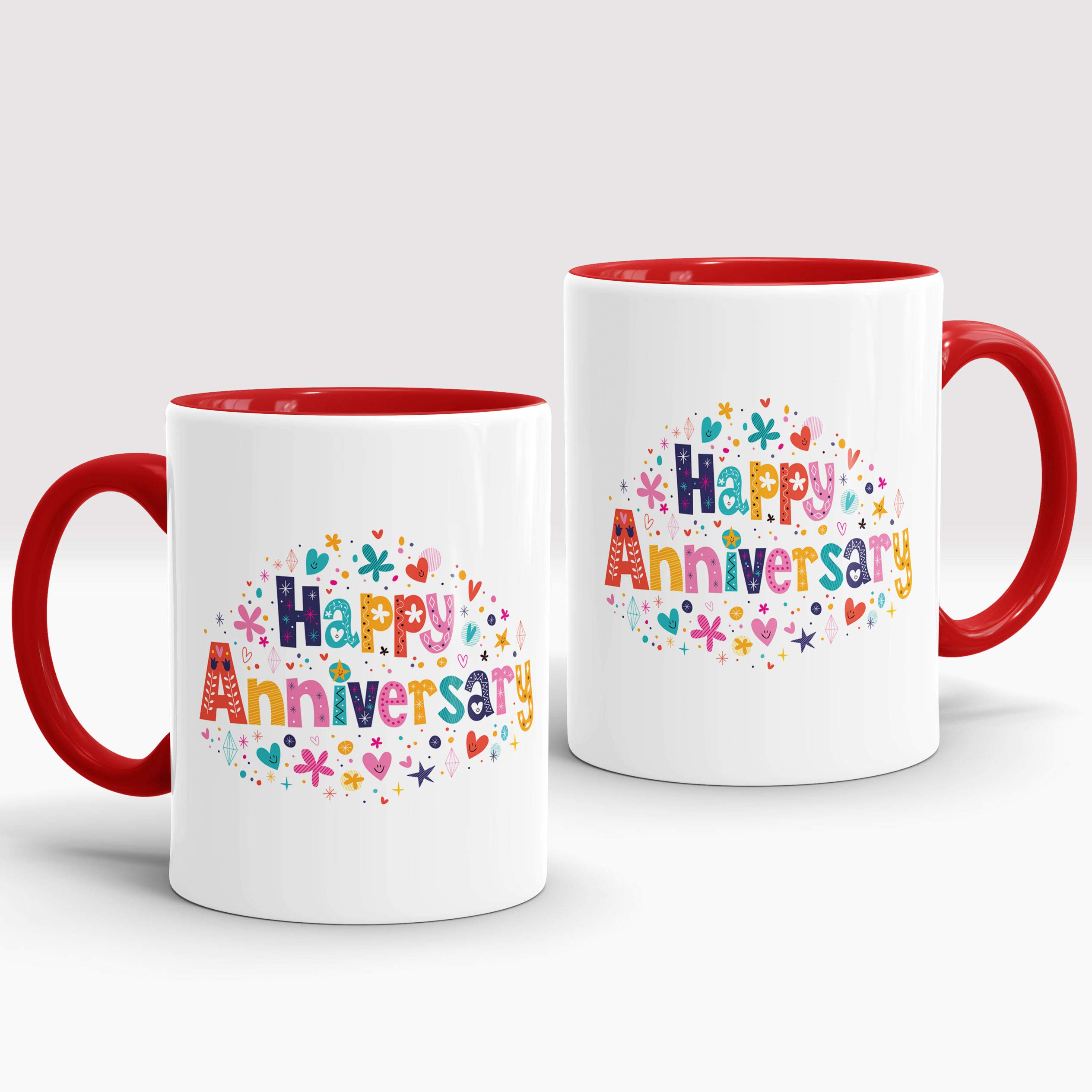 Gift Arcadia Ceramic Happy Anniversary Coffee Mug - 2 Pieces, Red, 330ml (A308)