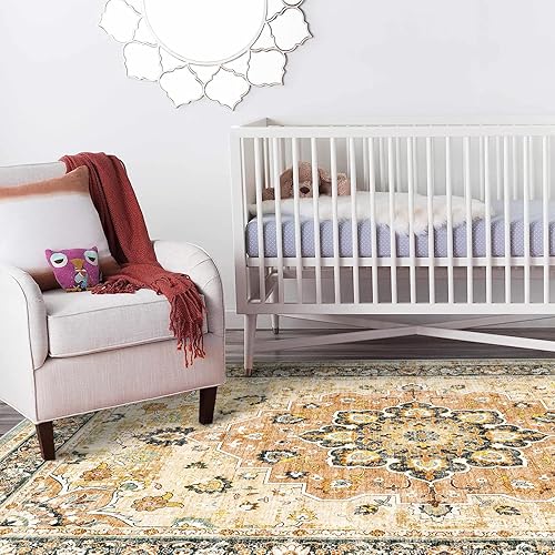 Miniatura 3 de Alfombra oriental lavable de 5 x 8 pies, alfombra suave para sala de estar, dormitorio, impermeable, floral, envejecida, resistente a las manchas,