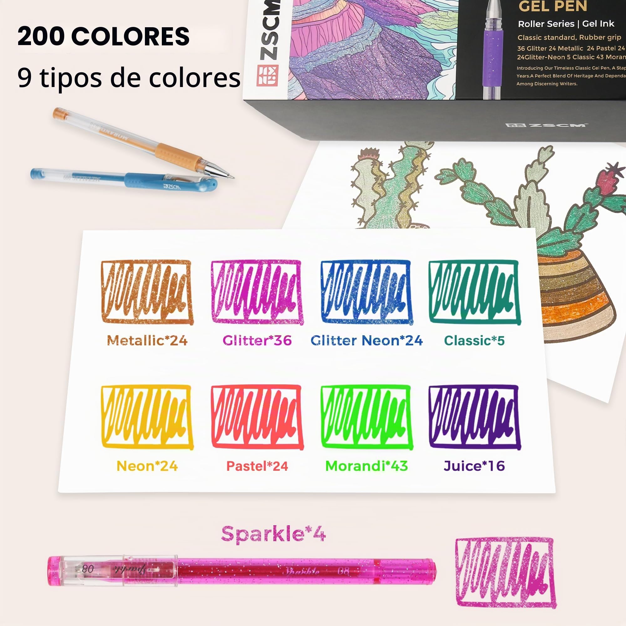 ZSCM 400 bolígrafos de gel para colorear para adultos, 200 colores de artista con 200 recargas, puntas finas, bolígrafos de gel metálico con purpurina para dibujar doodling Journaling Craft Art