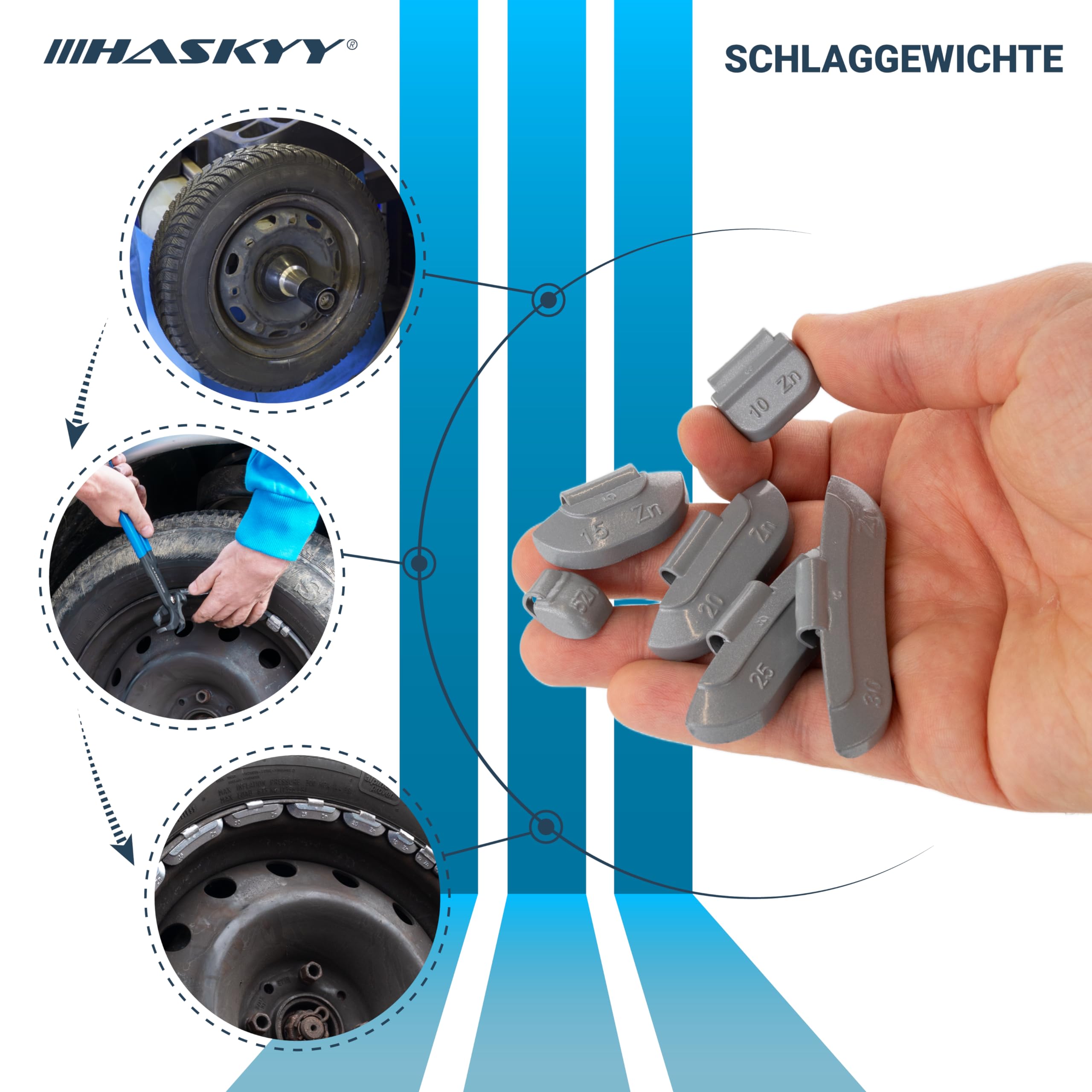 HASKYY 150 Pesi assortiti da 5 a 30g per equilibratura ruote in ferro auto l 25x 5g, 10g, 15g, 20g, 25g 30g I pesi di bilanciamento per cerchioni in acciai