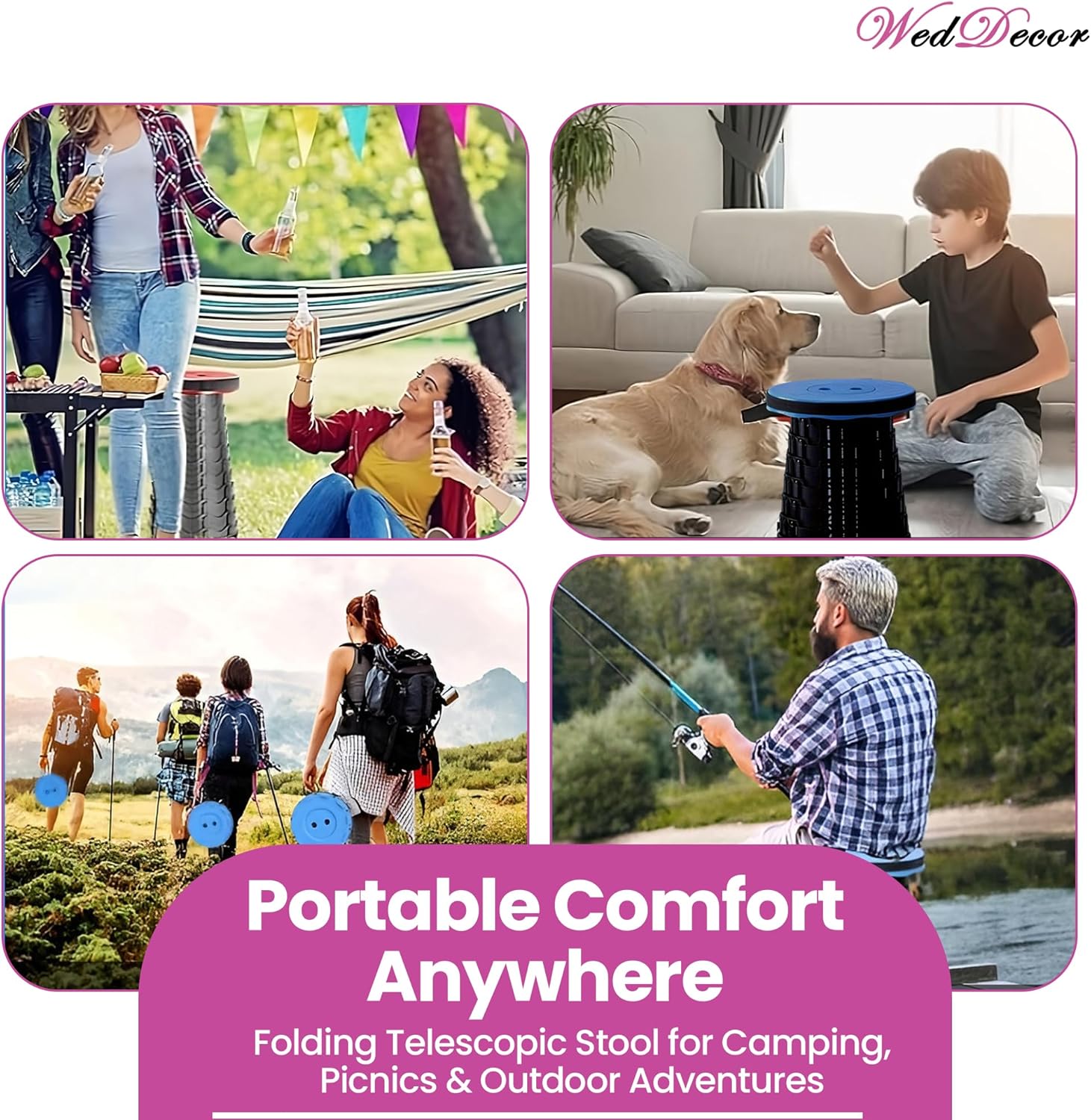 WedDecor Collapsible Telescopic Folding Stool, Heavy-Duty Portable Seat with Max Load 440lb, Adjustable, Lightweight Pop-Up Travel Stool for Camping, Hiking, Garden, BBQ & Home Use – Red