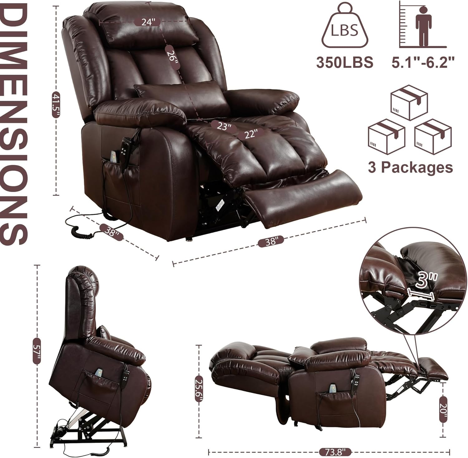 Brown Genuine Leather Dual Motor Lift Recliner Chair with Massage Heating Double Lumbar Cushion Extended Footrest USB Port Remote for Elderly Large