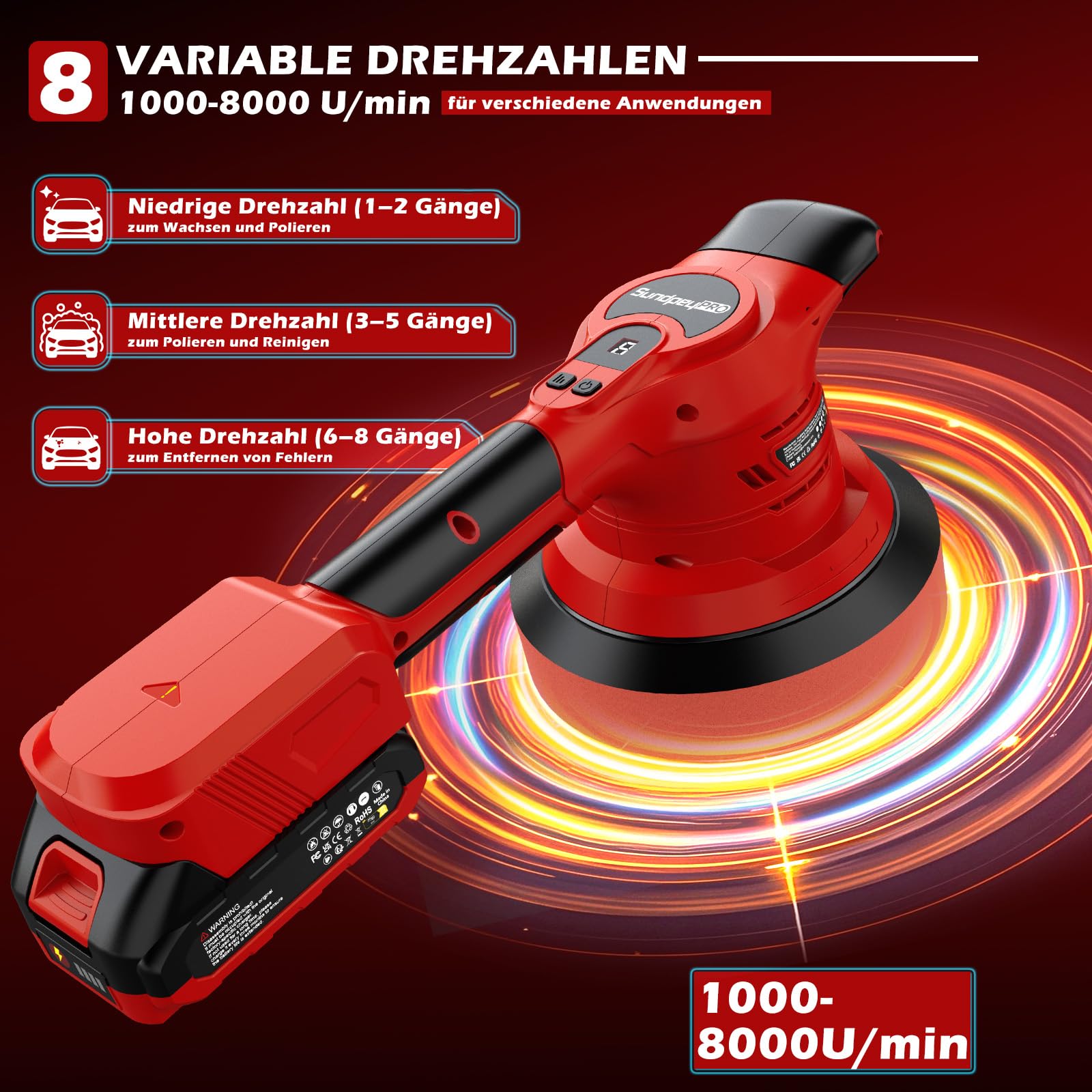 21V Poliermaschine Auto Akku, 6 Zoll Akku Poliermaschine mit Bürstenloser Motor & 2 Akkus & 8 Geschwindigkeitsstufen & 8000 U/min & 9mm Exzenter, für Wachsen, Polieren und Kratzerentfernung