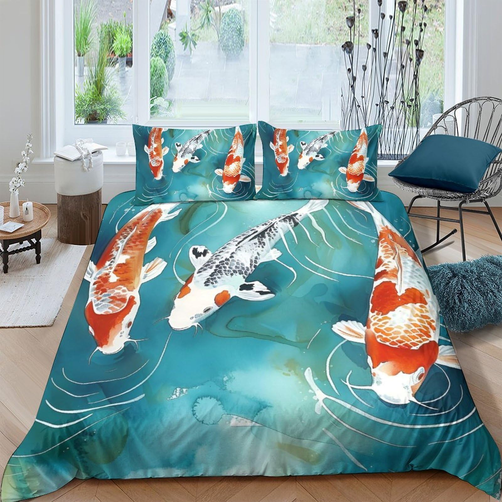 Ctjqhvkz Style-7 3D Printed Koi Fish Fitted Sheet Microfiber Soft Blue Pond Bed Cover For Bedroom Dorm Mattress Decor Protection Single（135X200cm）