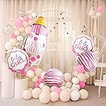 Just Party Set Of 35 Pcs- Its A Girl Baby Welcome Bottle , 2 Printed Round Foil , 2 Stripes Pattern Foil Balloons , 15 Pink White Pastel Balloons For Kids Birthday Party Theme Backdrop