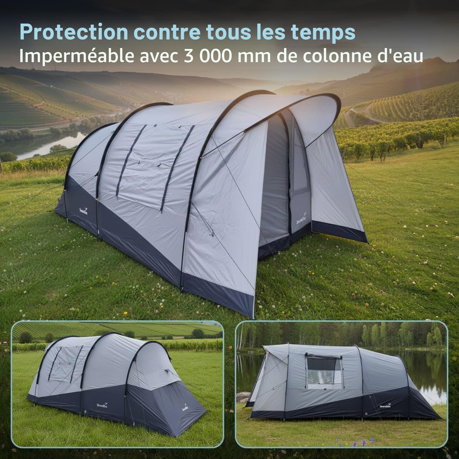 Skandika Tente Tunnel Isken 3 | Tente de Camping pour 3 Personnes, moustiquaire, Tapis de Sol Cousu, étanche, avancée | Tente de Festival, Plein air