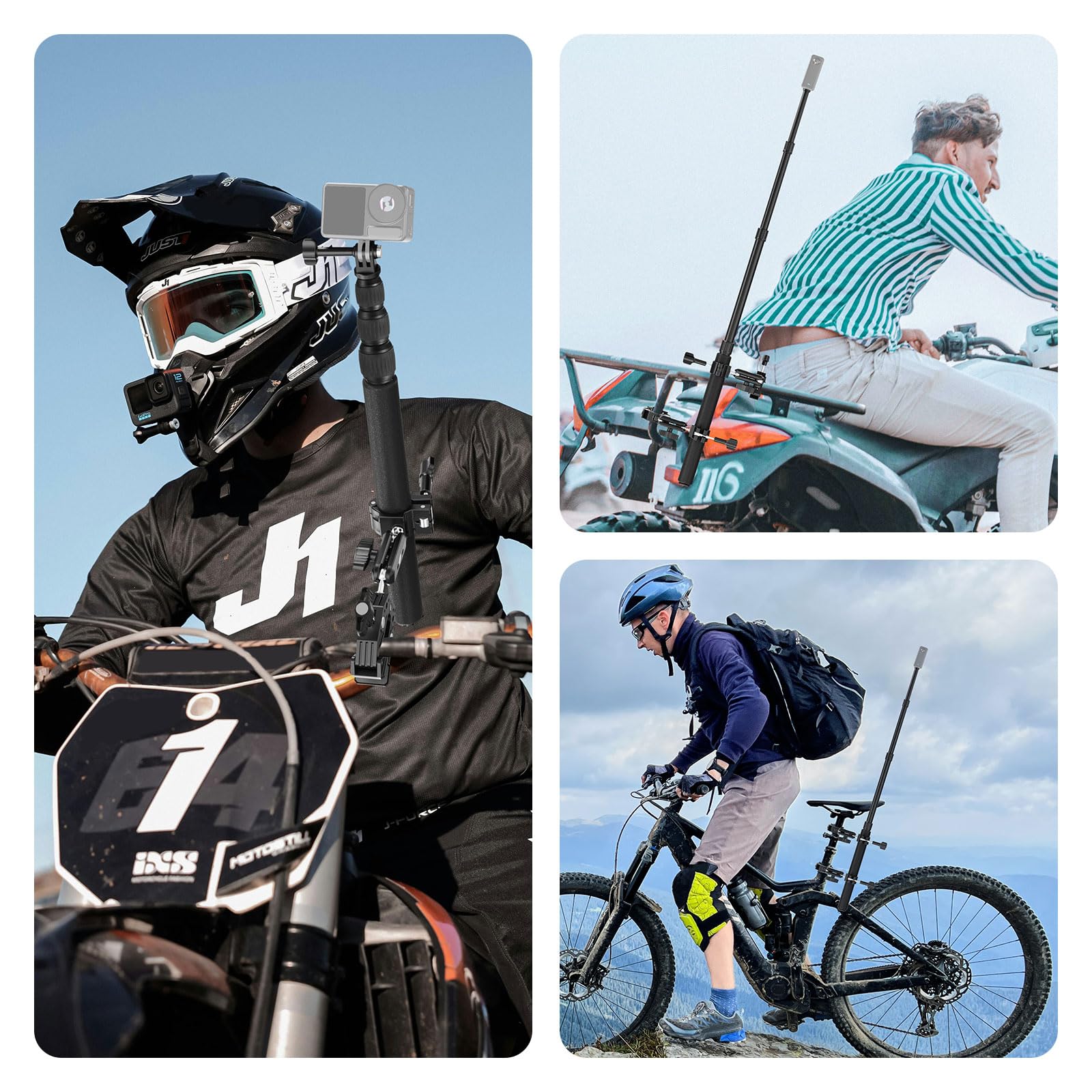 NEEWER Motorrad Kamerahalterung Set, unsichtbarer Selfie Stick für Fahrradlenker, 360°Kugelgelenke, Superklemmen und Reinigungstuch, kompatibel mit GoPro Insta360 DJI AKASO Action Kameras, GP-30