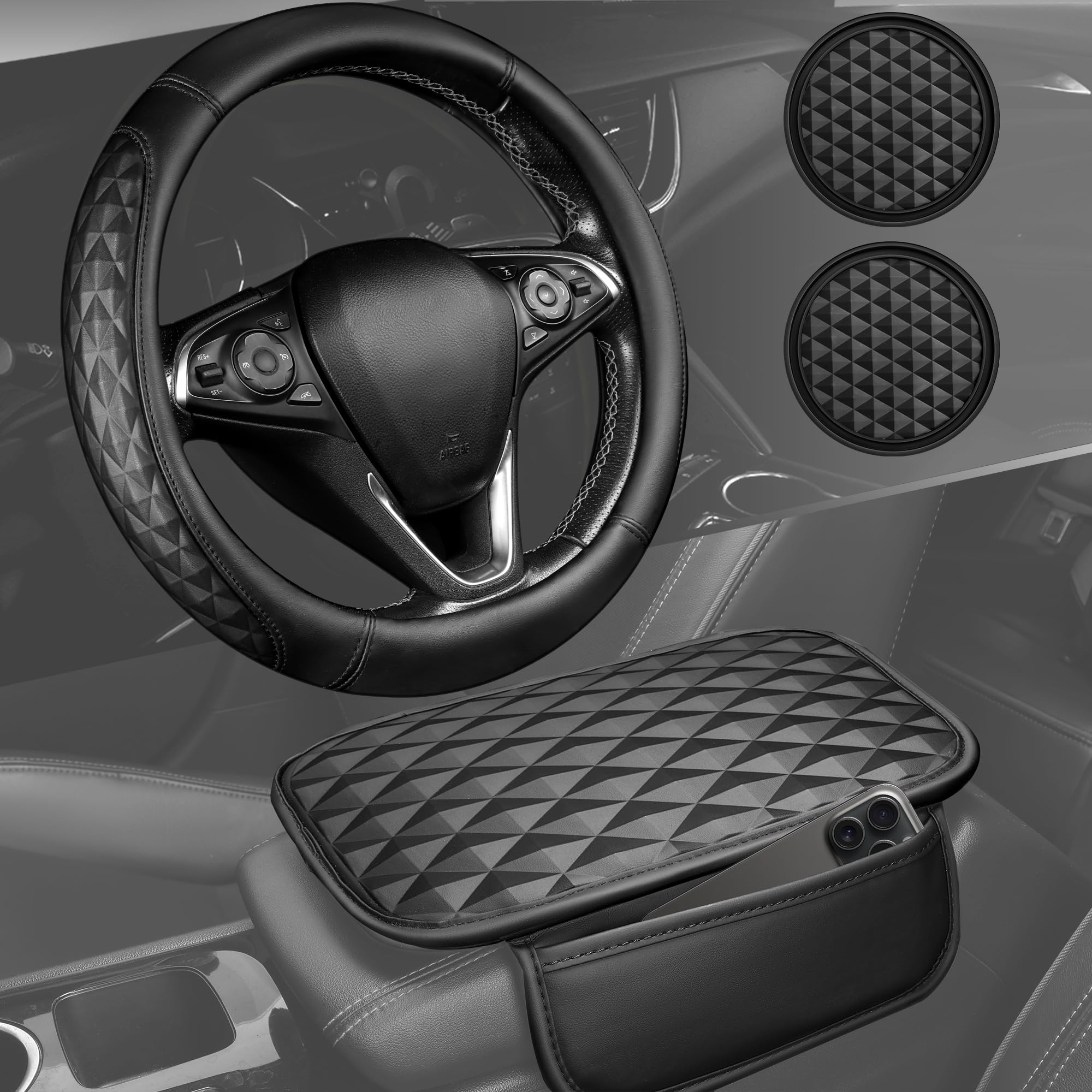CAR PASS 3D Memory Foam Leather Car Steering Wheel Cover Set Comfortable Rhombus Leather Center Console Armrest Cushion