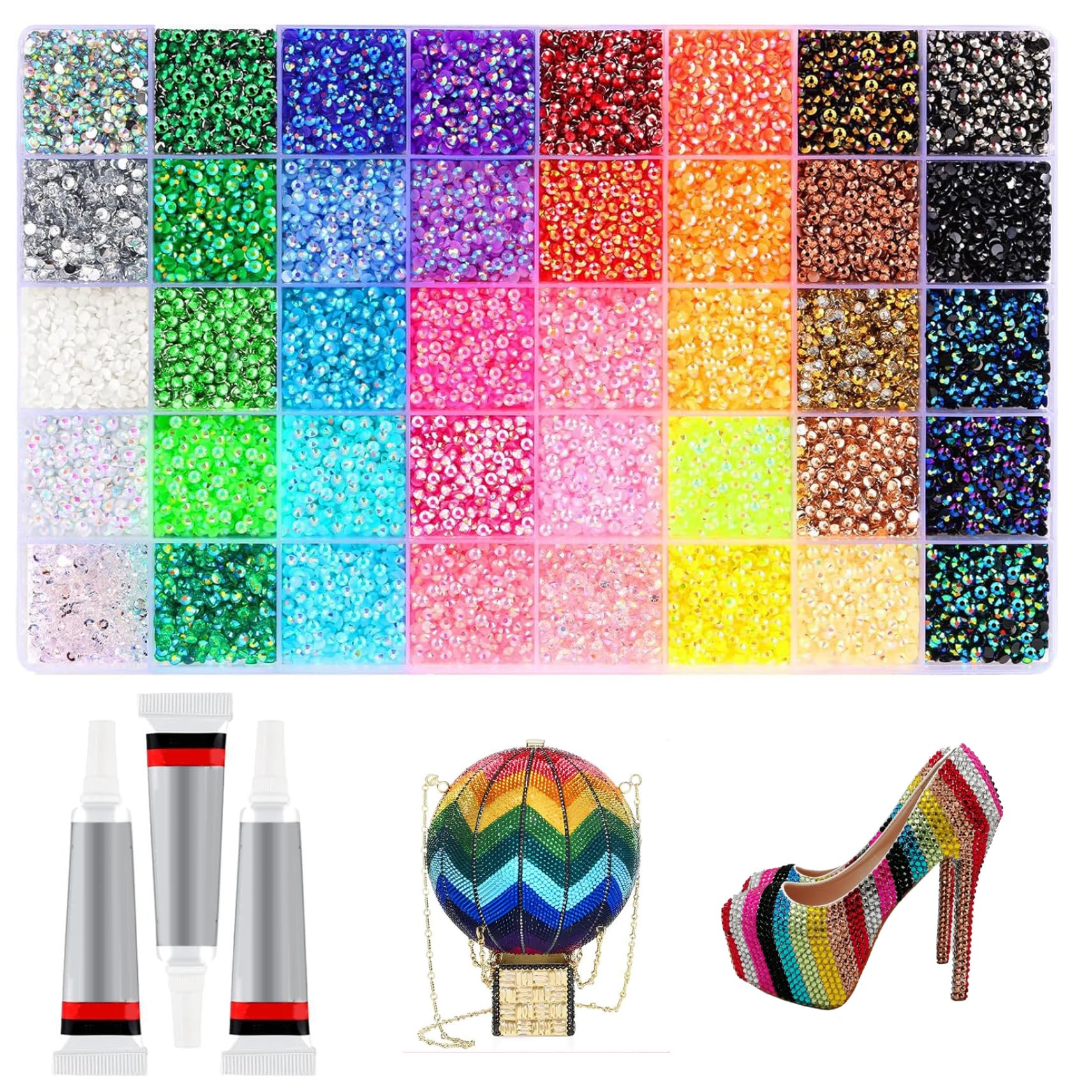 Kit abbagliante, 32000 pezzi di strass in resina Kit abbagliante con 3 pezzi di colla da 10 ml, strass colorati da 0, 3 cm Bedazzler per abiti artigianali, tazze, scarpe, tessuto, nail art, 40 colori