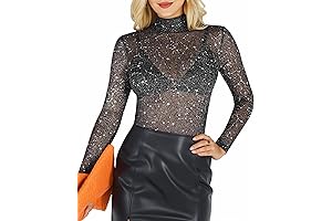 Glitter Sheer Mesh Sparkly See Through Long Sleeve Top for New Years
